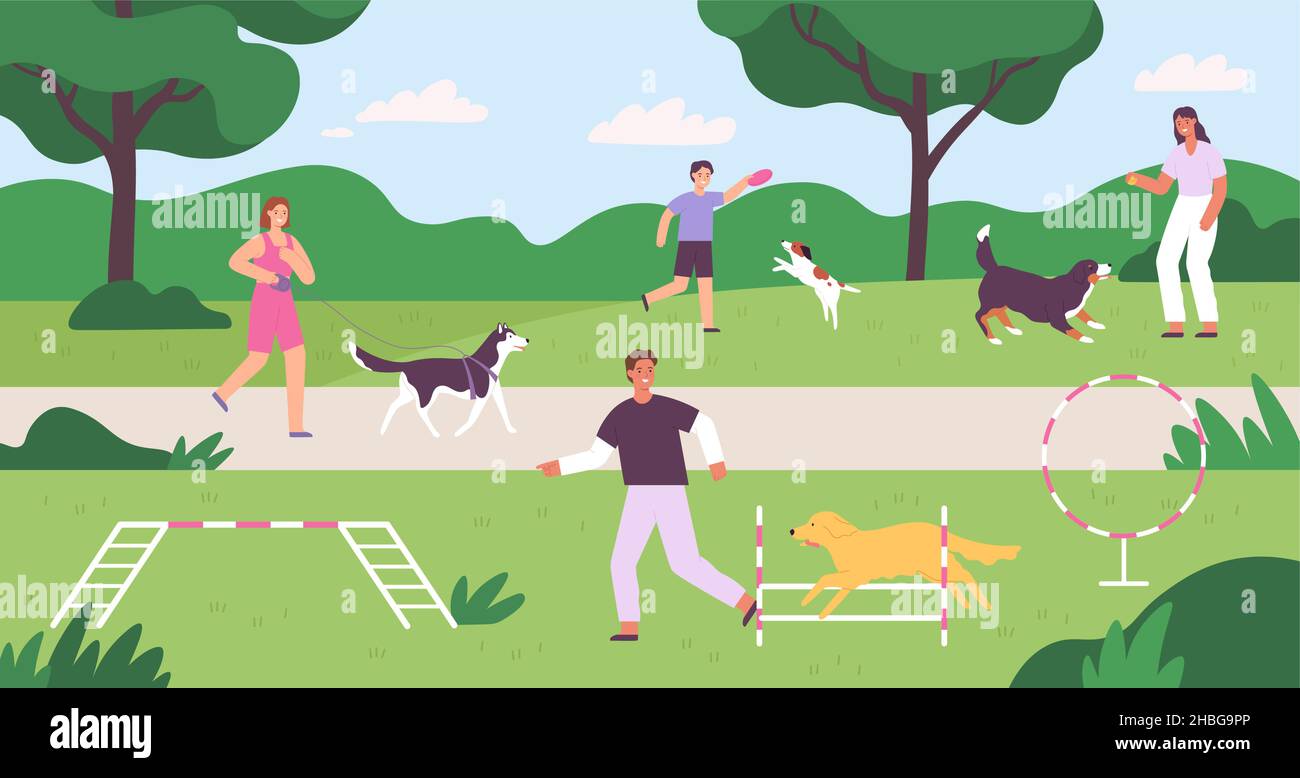 Hundepark mit Menschen, die Haustiere spielen, trainieren und laufen. Wohnungseigentümer und Hunde außerhalb Aktivität. Haustiere Spielplatz Vektor-Konzept Stock Vektor