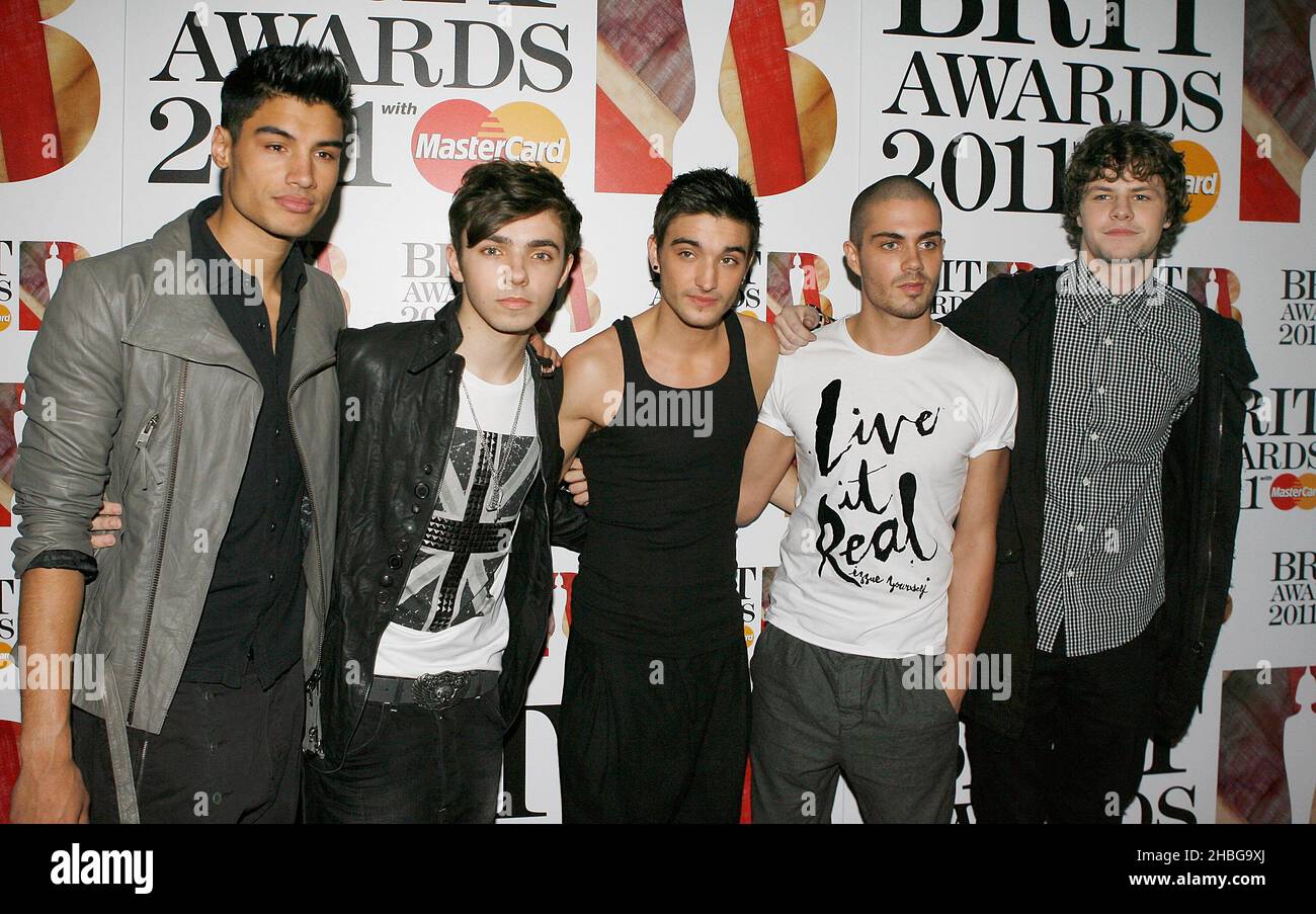 Die Wanted kommen bei der Bekanntgabe der Shortlist der Brit Awards 2011 im IndigO2, im O2, London. Stockfoto