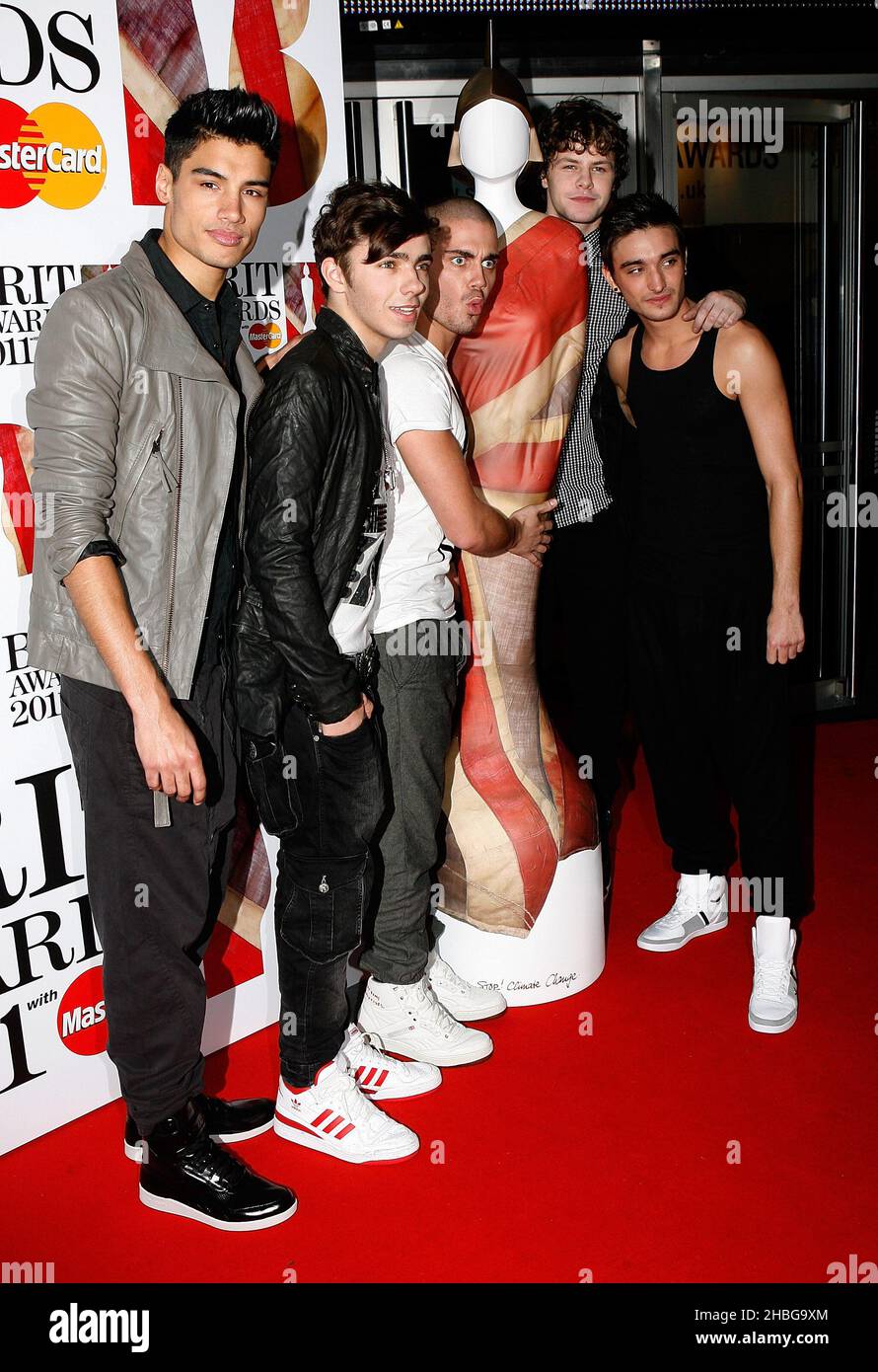 Die Wanted kommen bei der Bekanntgabe der Shortlist der Brit Awards 2011 im IndigO2, im O2, London. Stockfoto