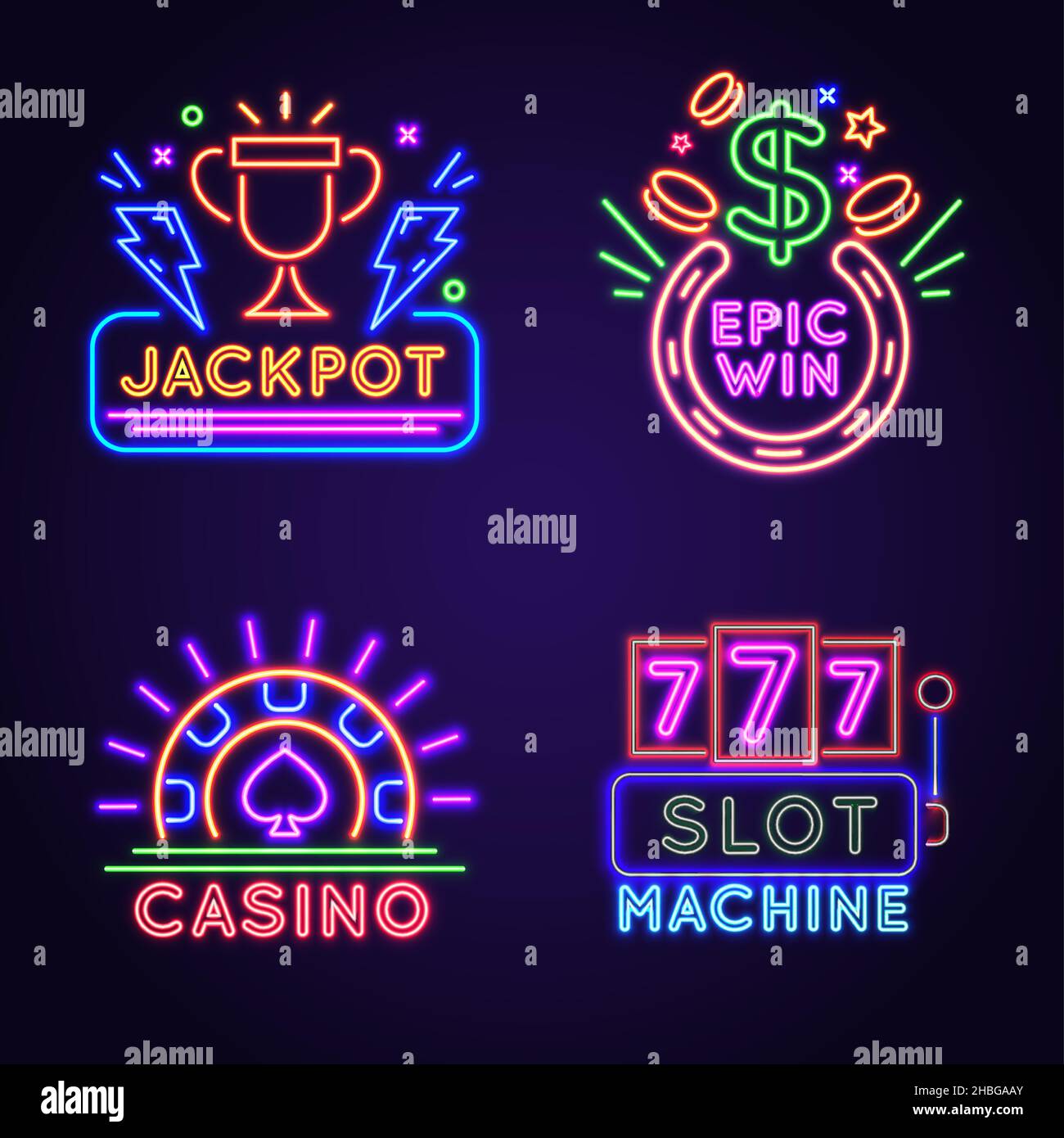Casino vegas Street Wall Neon Spiel gewinnendes Zeichen. 777 Spielautomat. Glühendes glückliches Jackpot-Banner mit Trophäe. Casino Symbol Vektor gesetzt Stock Vektor