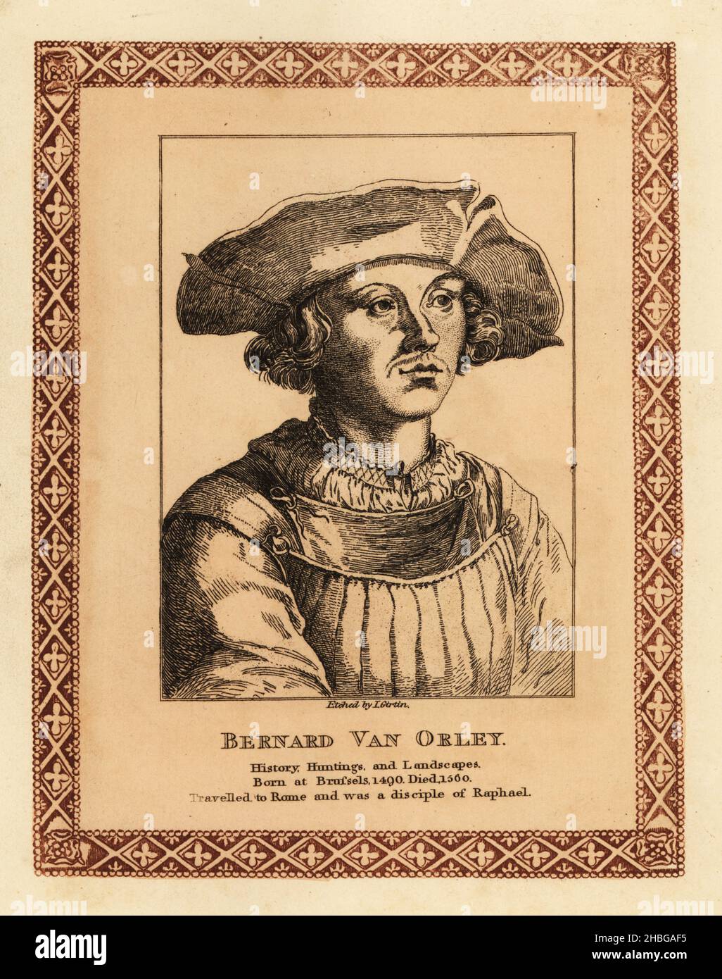 Bernard van Orley, 1487-1541, flämischer Künstler und Vertreter der niederländischen und flämischen Renaissance-Malerei, auch Designer von Wandteppichen und Glasmalerei. Geschichte, Jagd und Landschaftsmaler, Schüler von Raphael. Getönte Radierung innerhalb einer dekorativen Grenze von John Girtin nach einem Selbstporträt von van Orley aus John Girtins fünfundsiebzig Porträts berühmter Maler aus authentischen Originalen, J. M’Creery, London, 1817. Stockfoto