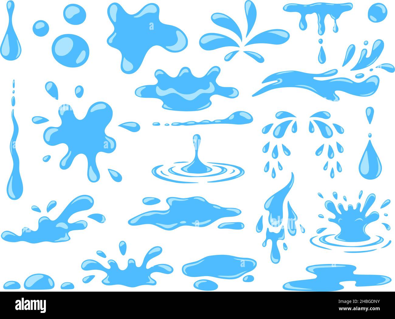 Cartoon blau tropfendes Wasser Tropfen, Spritzer, Sprays und Tränen. Flüssigkeitsfluss, Welle, Strom und Pfützen. Natur Wasser Bewegung Formen Vektorset Stock Vektor