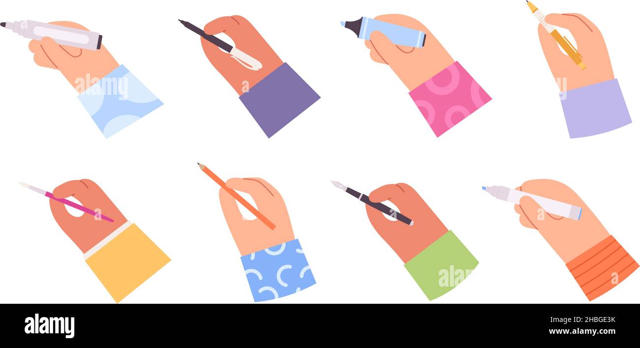 Cartoon Hand hält Stift, Bleistift, Pinsel, Marker und Textmarker. Menschen Hände Schreiben Gesten mit Arbeit oder Bildung Schreibwaren Vektor-Set Stock Vektor