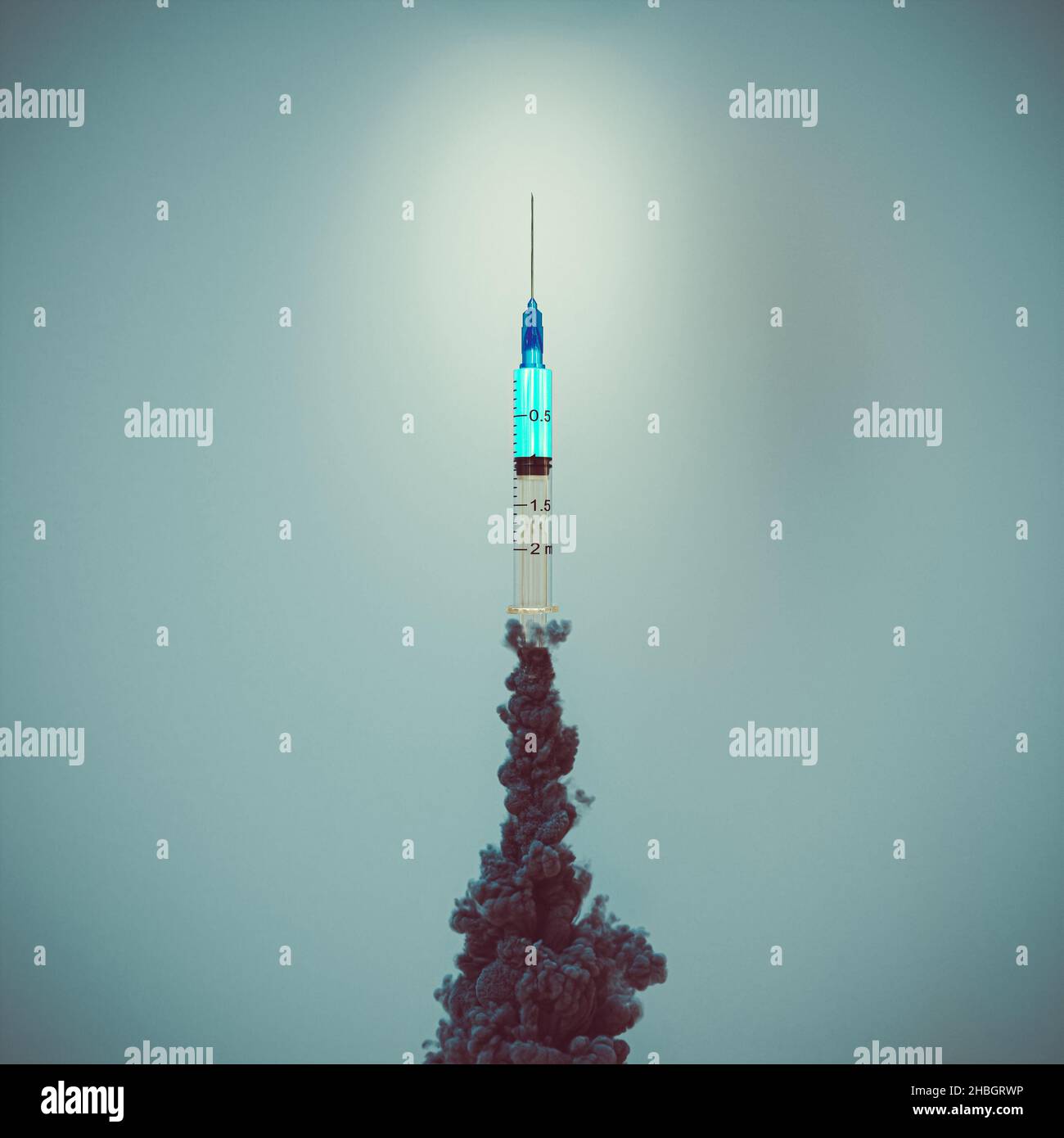 Raketenspritze mit Rauch auf hellblauem Hintergrund. 3D Rendern Stockfoto