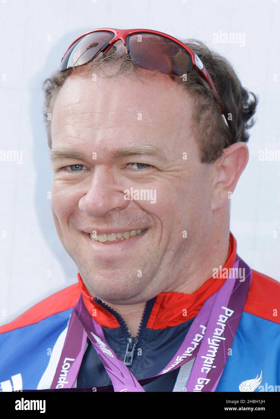 Barney Story, Goldmedaillengewinnerin für den Tandemkilometer sowie Silber im Tandem-Sprint-Radsport, während des BT London Live Concert anlässlich der Paralympischen Spiele 2012 in London im Trafalgar Square, London. Stockfoto