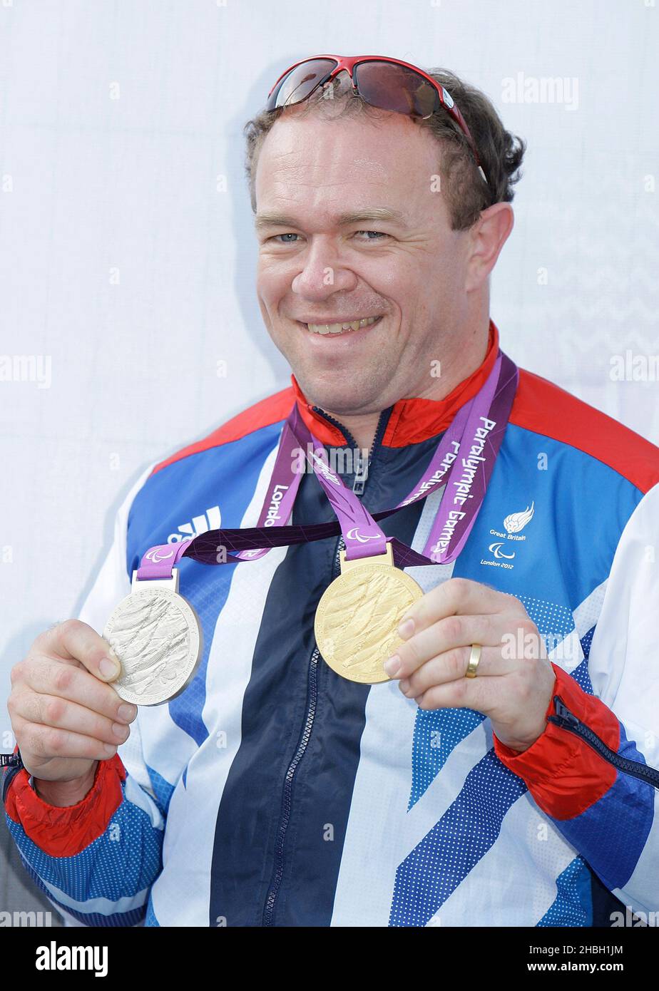 Barney Story, Goldmedaillengewinnerin für den Tandemkilometer sowie Silber im Tandem-Sprint-Radsport, während des BT London Live Concert anlässlich der Paralympischen Spiele 2012 in London im Trafalgar Square, London. Stockfoto