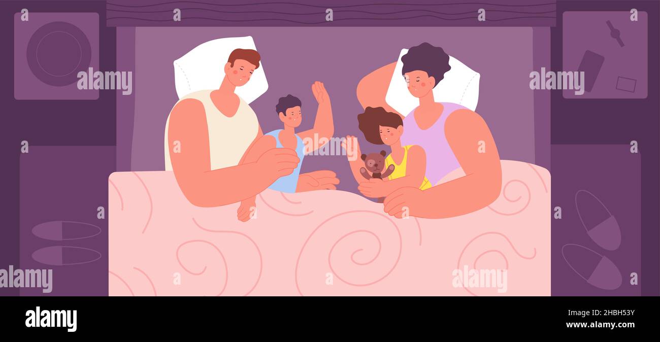 Familienschlaf. Eltern schlafen mit Kindern im Bett, Nachtporträt Elternschaft. Gemeinsam entspannen, Kinder fürsorglich. Mutter Vater Sohn und Tochter Utter Stock Vektor