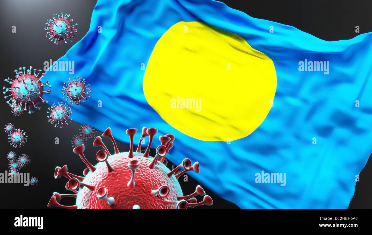 Palau und die kovidische Pandemie - Corona-Virus greift die Nationalflagge von Palau an, um den Kampf, den Kampf und die Viruspräsenz in diesem Land zu symbolisieren, Stockfoto