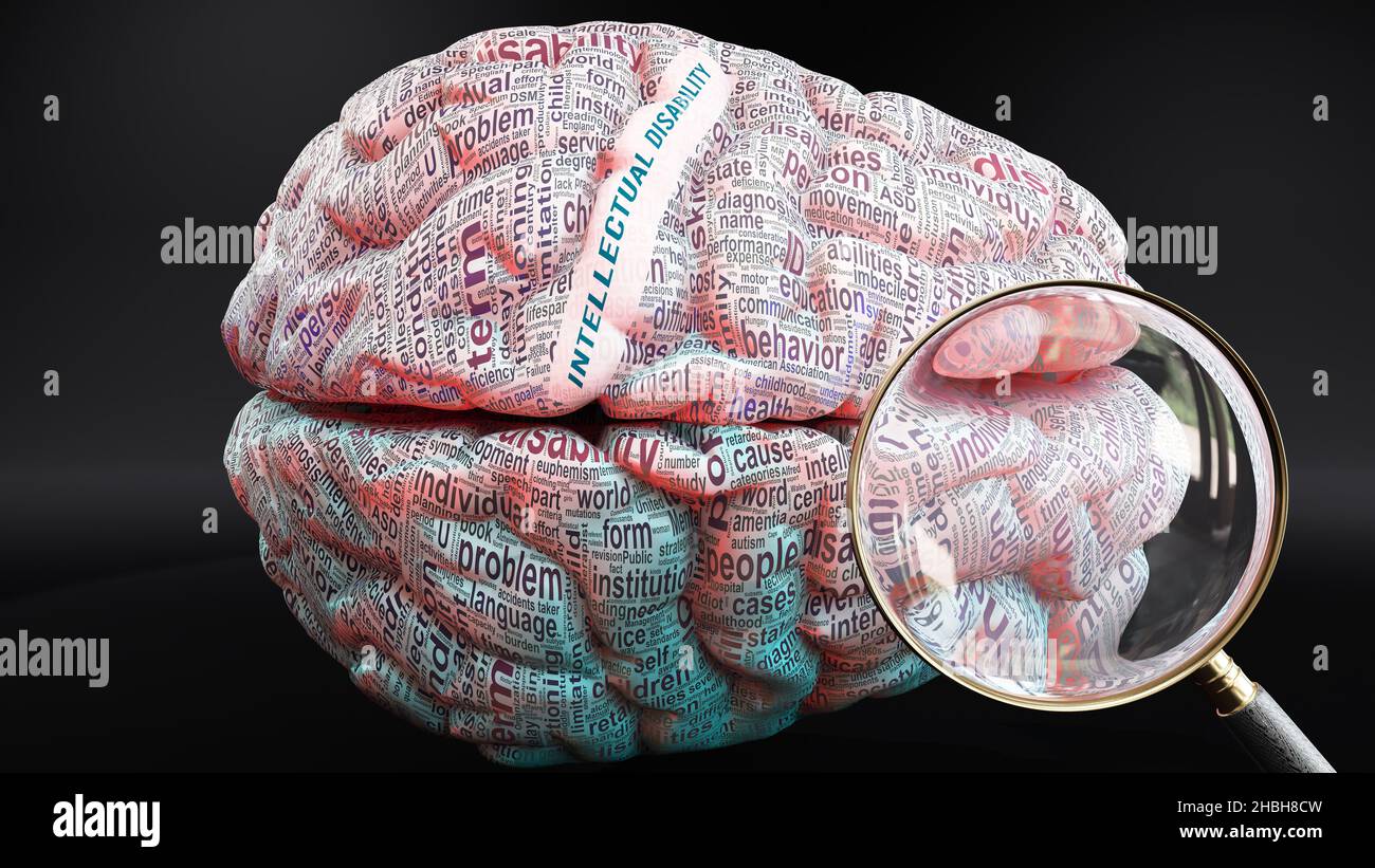 Intellektuelle Behinderung im menschlichen Gehirn wurden Hunderte von Begriffen im Zusammenhang mit geistiger Behinderung auf einen Kortex projiziert, um ein breites Ausmaß dieser Erkrankung zu zeigen Stockfoto