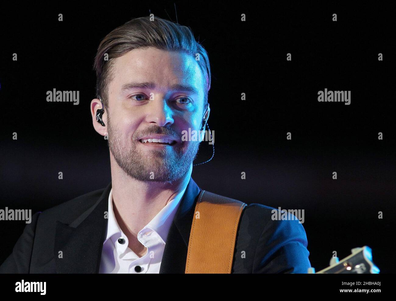 Justin Timberlake spielt auf der Bühne beim Summertime Ball von Capital FM im Wembley Stadium, London. Stockfoto