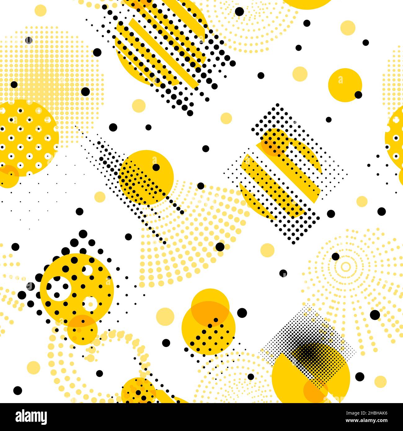 Kreis memphis abstraktes Muster. Geometrische Perforationskreise, minimalistischer Druck. Abgerundetes, wiederholtes Bild, schwarzer, gelber Vektor Stock Vektor
