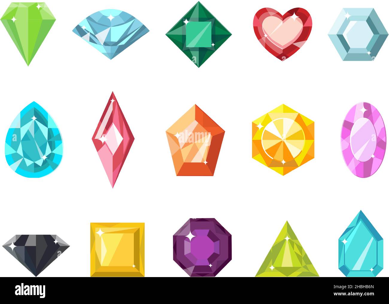 Cartoon Schmuck Edelstein, Diamant und brillante Ikonen. Flacher Edelstein für Wild. Glänzendes Kristall-, Smaragd-, Rubin- und Aquamarin-Vektor-Set Stock Vektor