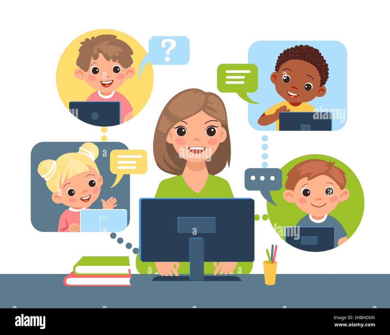 Online-Lernen für Kinder. Fernunterricht, Internet-Chat mit der Lehrerin, Frau sitzt am Schreibtisch mit Computer, interaktives gemeinsames Lernen. Multichannel-Schule Stock Vektor