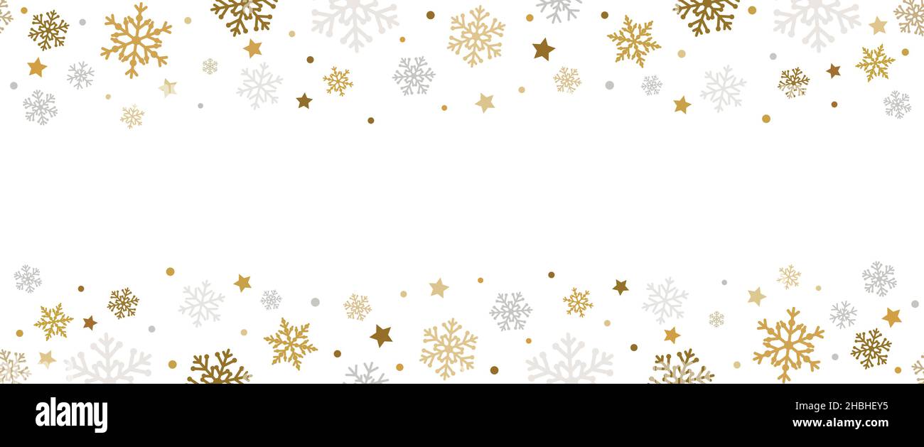 Golden fallende Schneeflocken, Sterne und Konfetti nahtlose Banner. Frohes neues Jahr oder Frohe Weihnachten Hintergrund mit Vektor Gold und Silber Schnee fallen Stock Vektor