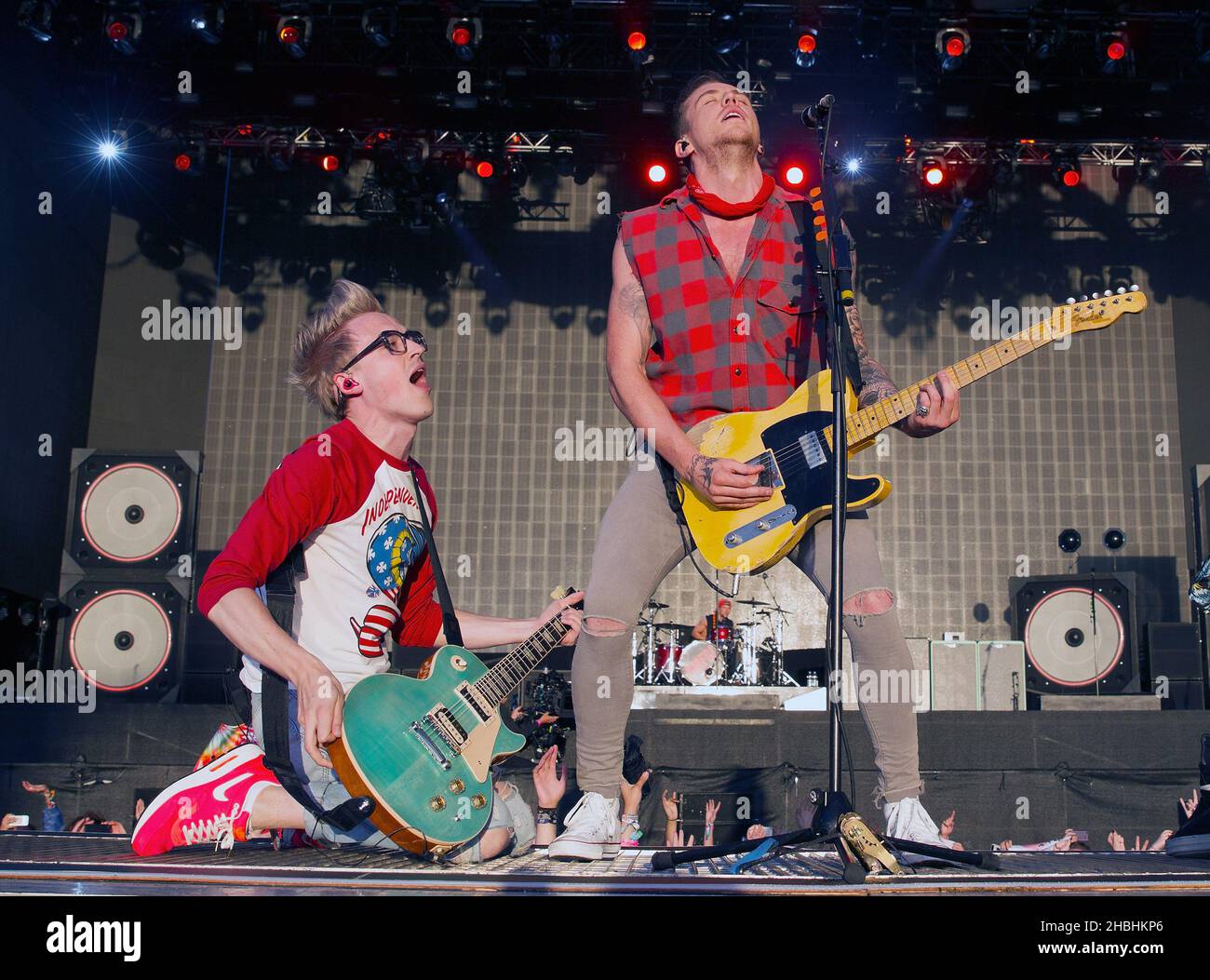 Tom Fletcher, Danny Jones und Dougie Poynter von McBusted treten auf der Bühne der Barclaycard British Summer Time im Hyde Park, London, auf. Stockfoto