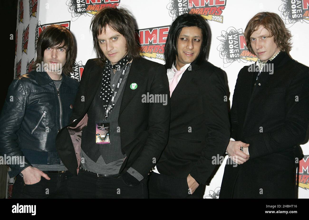 Peter Carr; Chris Peck; Kevin Chase; Shaz of Boy Kill Boy bei der Ankunft bei den Schockwaves NME Awards 2006 im Hammersmith Palais in London. Stockfoto