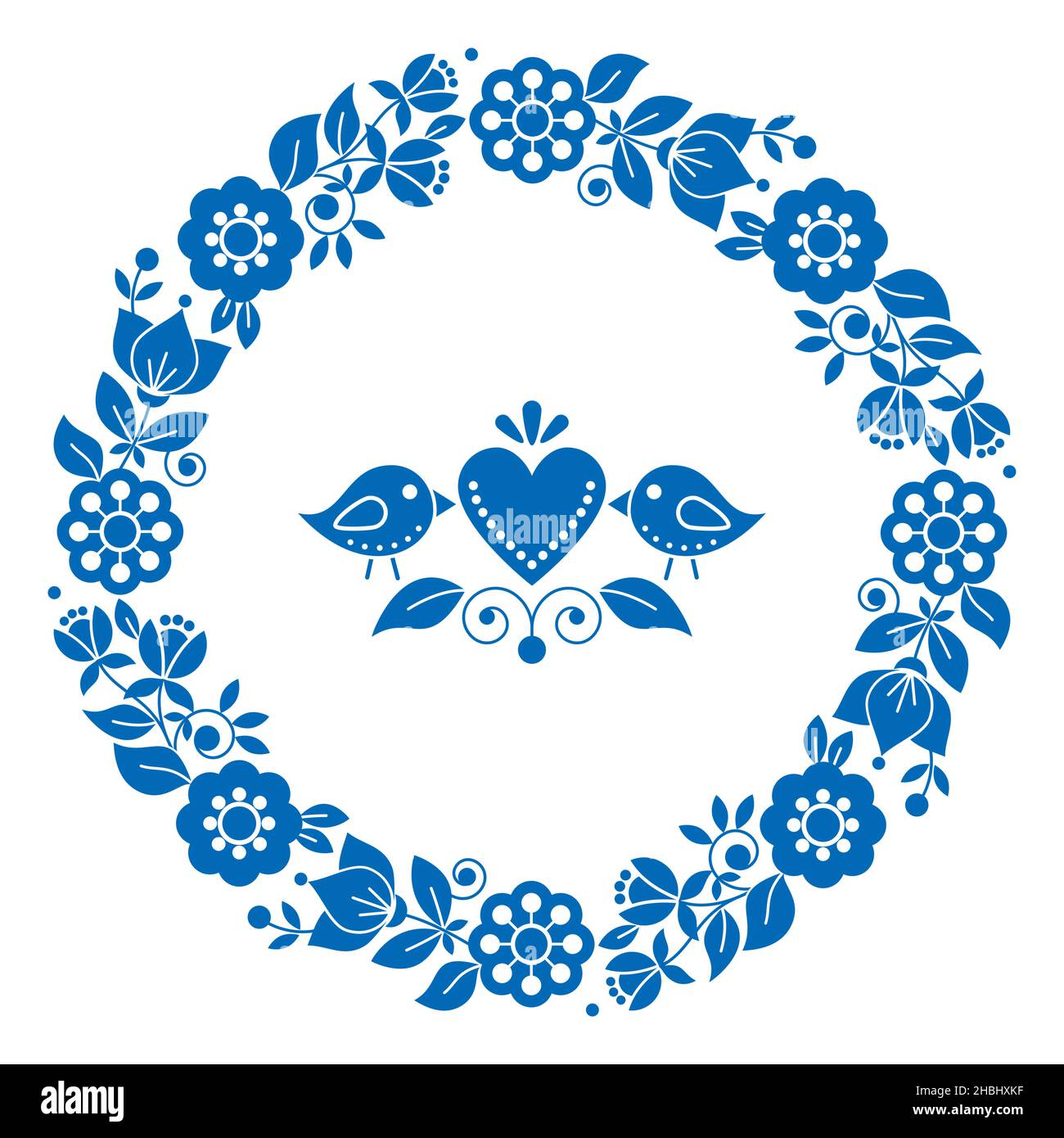 Skandinavische, nordische Volkskunst Vektor Valentinstag Grußkarte oder Hochzeit Einladung Design, schwedisches Muster mit Blumenkranz, Vögel und Herz i Stock Vektor