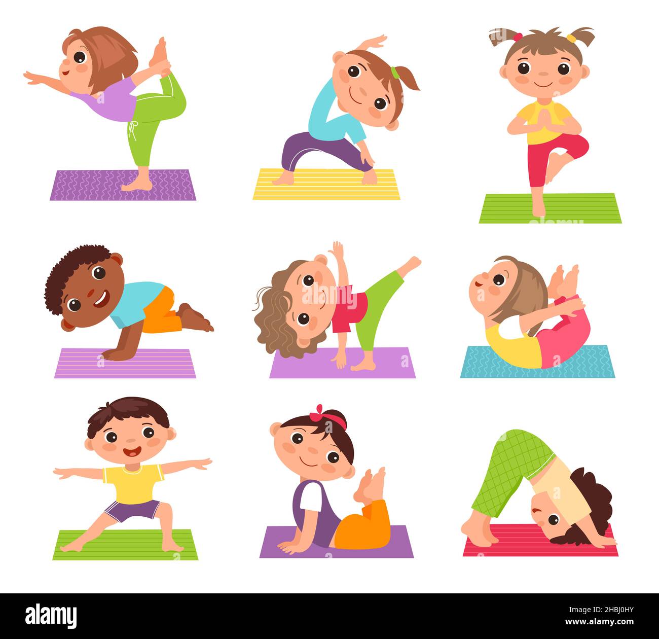 Kinder Yoga. Kleine Kinder in Stretching-Posen, Sport und Gesundheit, Fitness und Meditation, nette Mädchen und Jungen in verschiedenen Posen Vektor Cartoon flach Stock Vektor