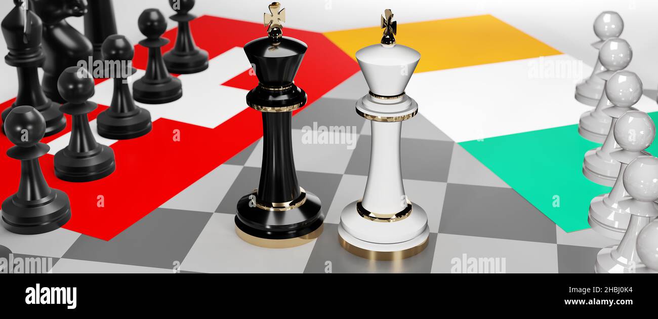Schweiz und Irland - Gespräche, Debatten, Dialoge oder eine Konfrontation zwischen diesen beiden Ländern, die als zwei Schachkönige mit Fahnen dargestellt werden, die Kunst symbolisieren Stockfoto