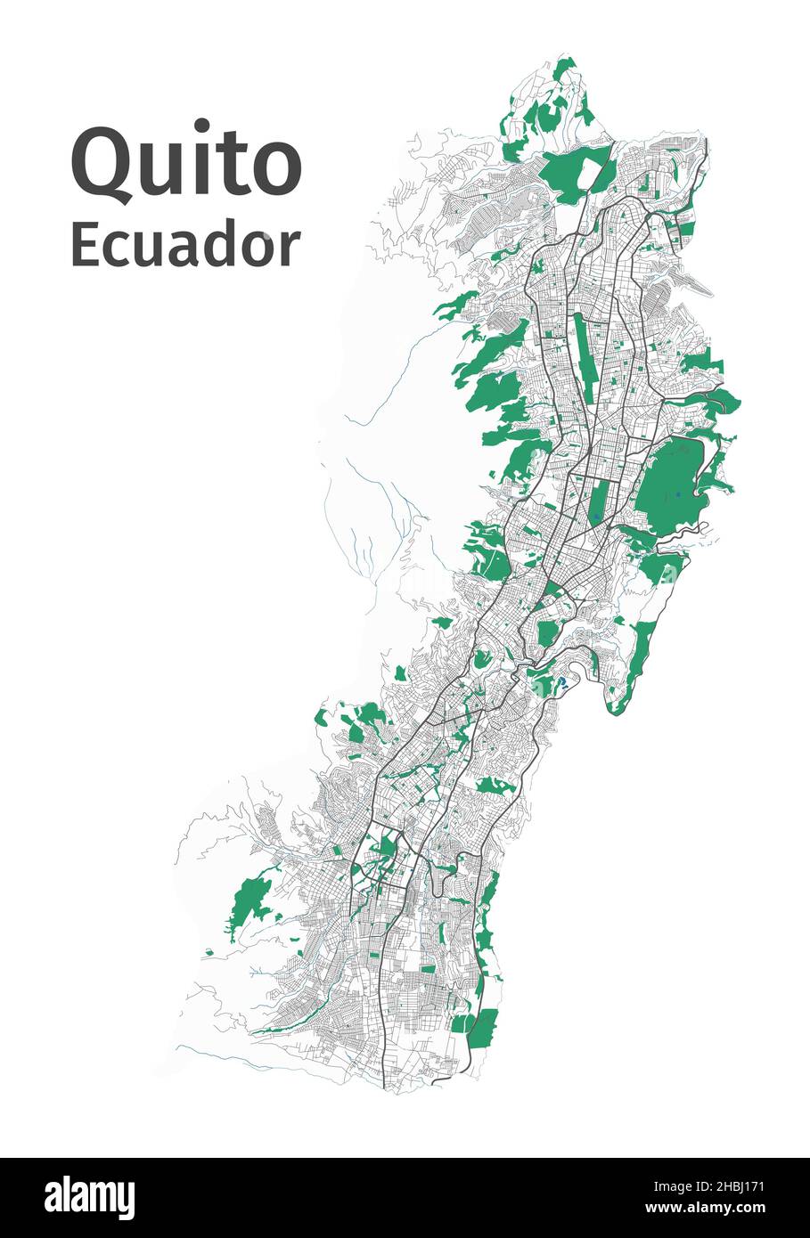 Quito-Vektorkarte. Detaillierte Karte des Verwaltungsgebiets der Stadt Quito. Stadtbild-Panorama. Lizenzfreie Vektorgrafik. Übersichtskarte mit Autobahnen, str Stock Vektor
