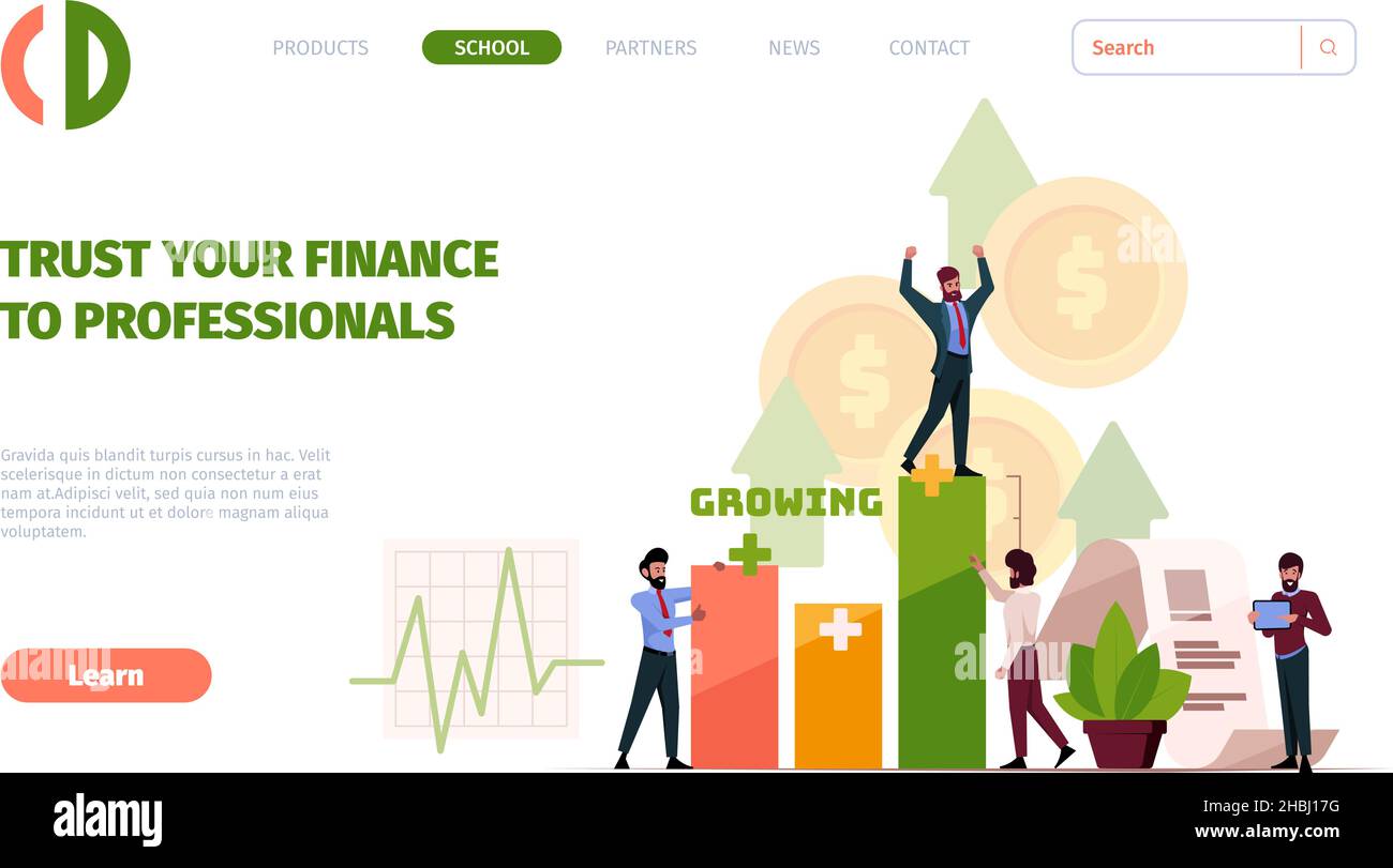 Persönliche Finanzanlandungen. Menschen sparen sich selbst Geld auf Einlagenkonto Familie Controlling Budget grellen Vektor Business-Seite Vorlage Stock Vektor