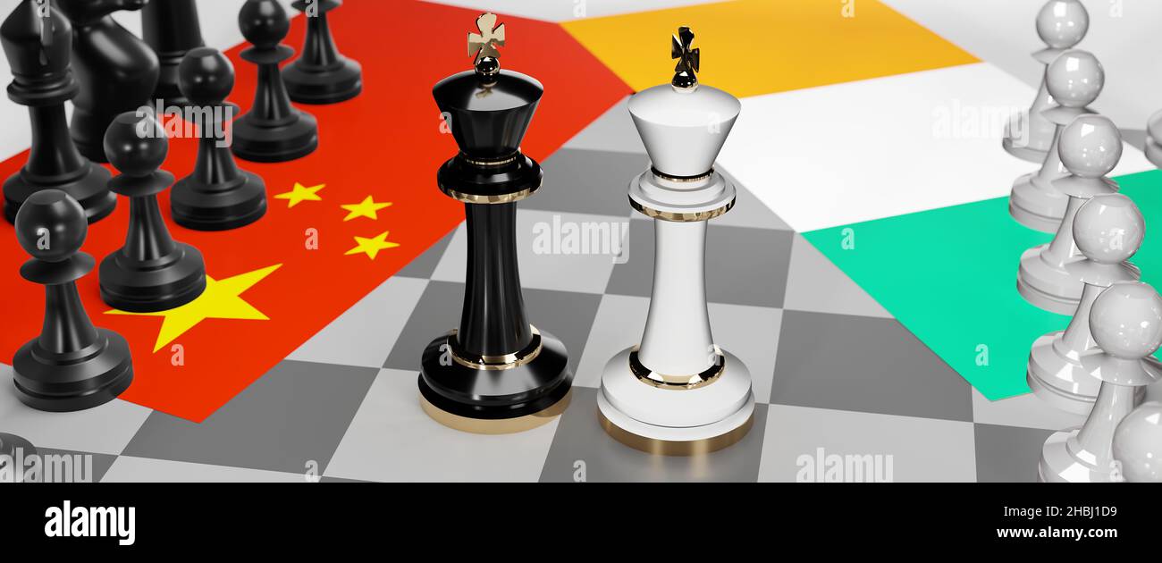China und Irland - Gespräche, Debatten, Dialoge oder eine Konfrontation zwischen diesen beiden Ländern, die als zwei Schachkönige mit Flaggen dargestellt werden, die die Kunst von mir symbolisieren Stockfoto