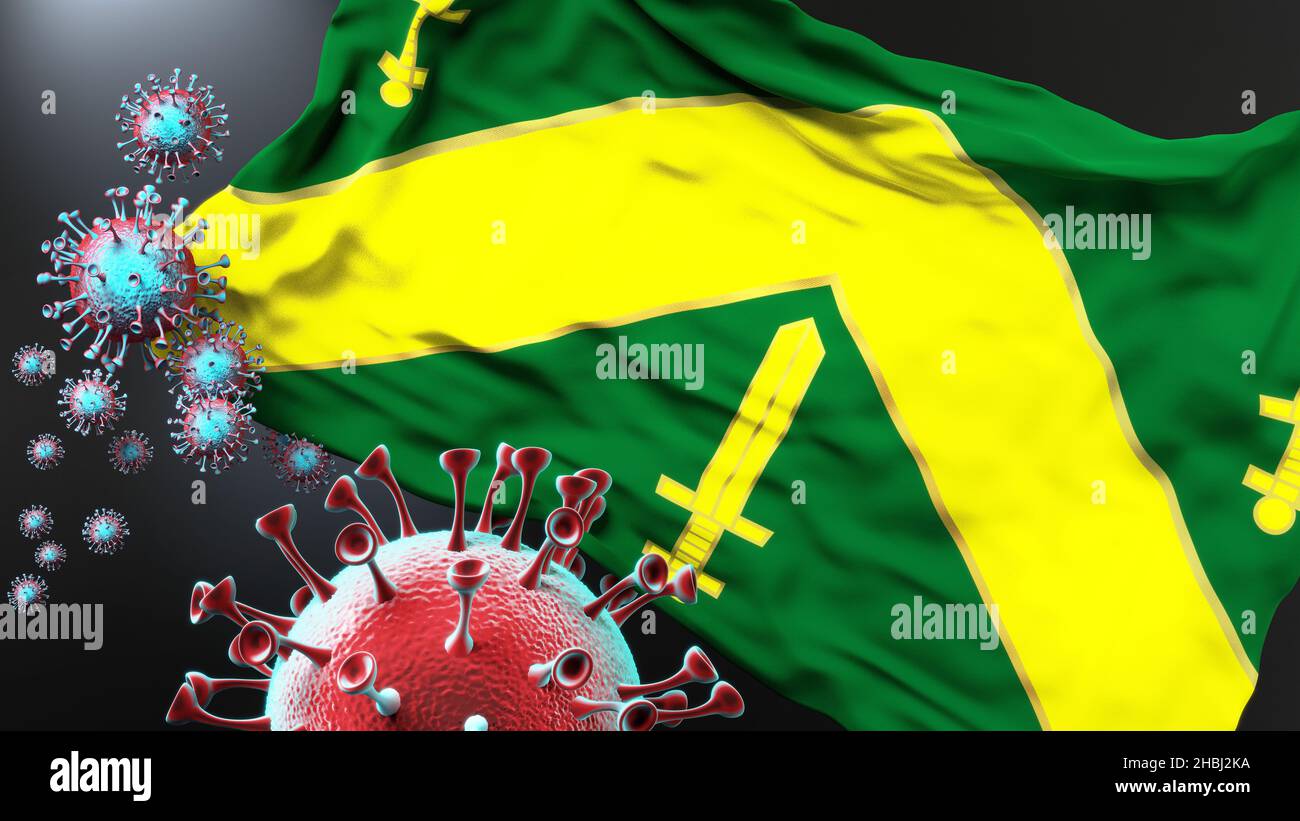 Campina grande und Covid Pandemie - Virus greift eine Stadtflagge von Campina grande als Symbol für einen Kampf und Kampf mit der Virus-Pandemie in diesem Stockfoto