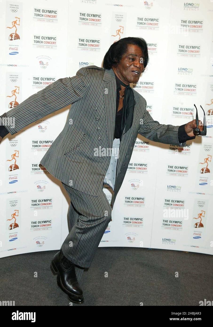 James Brown nahm am Olympic Tourch Concert Teil, das im Mall Buckingham Palace stattfand. Stockfoto
