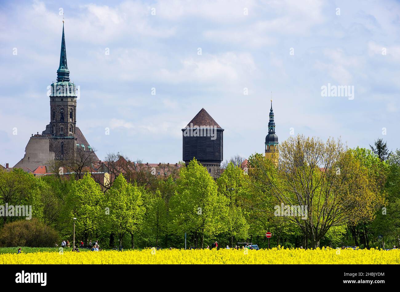 Bautzen, Oberlausitz, Sachsen, Deutschland: Blick von außen auf den Petersdom, den Wasserturm und den Rathausturm von Westen. Stockfoto