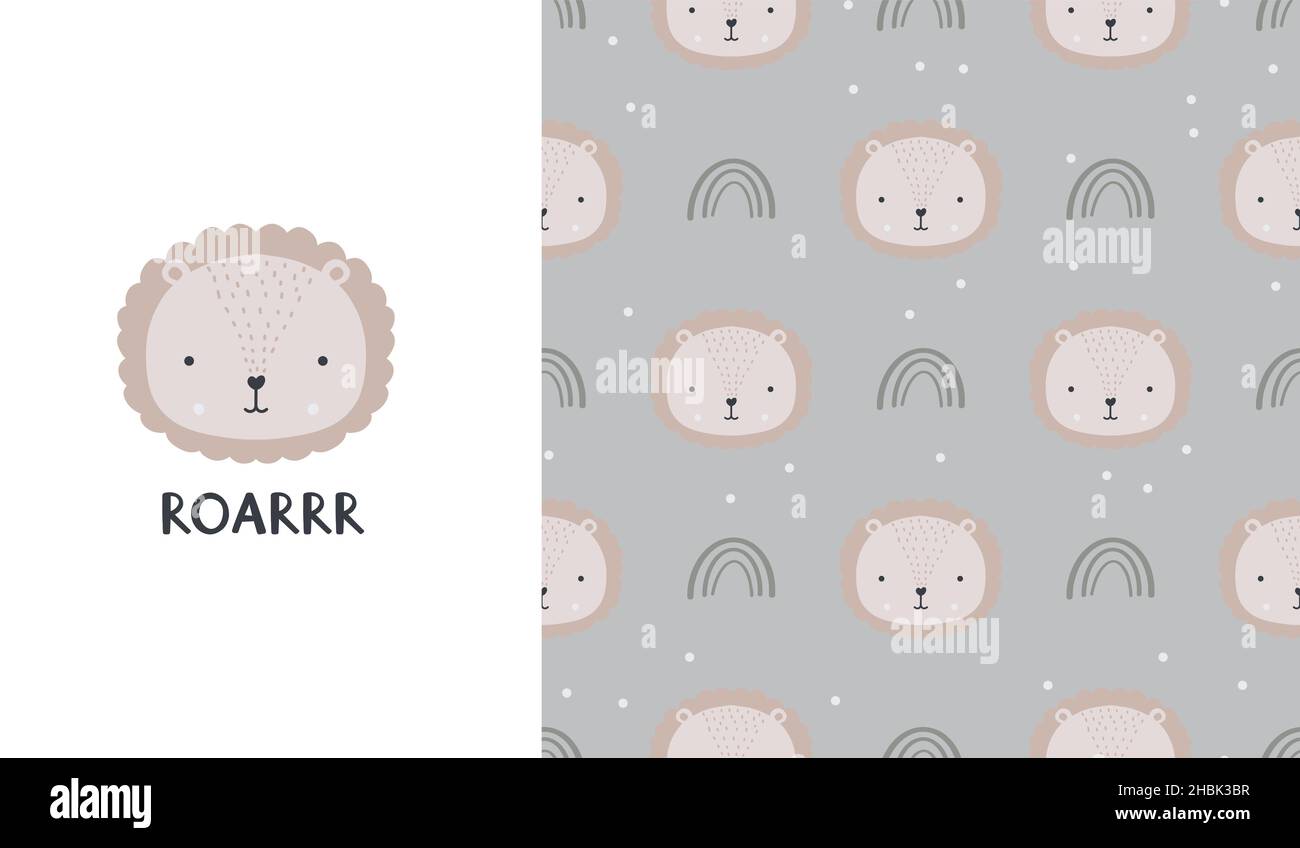 Niedliche nahtlose Muster und Schriftzüge - brüllen. Löwengesicht. Kreativer Kinderdruck für Stoff, Verpackung, Textil, Tapete, Bekleidung. Vektorgrafik Stock Vektor