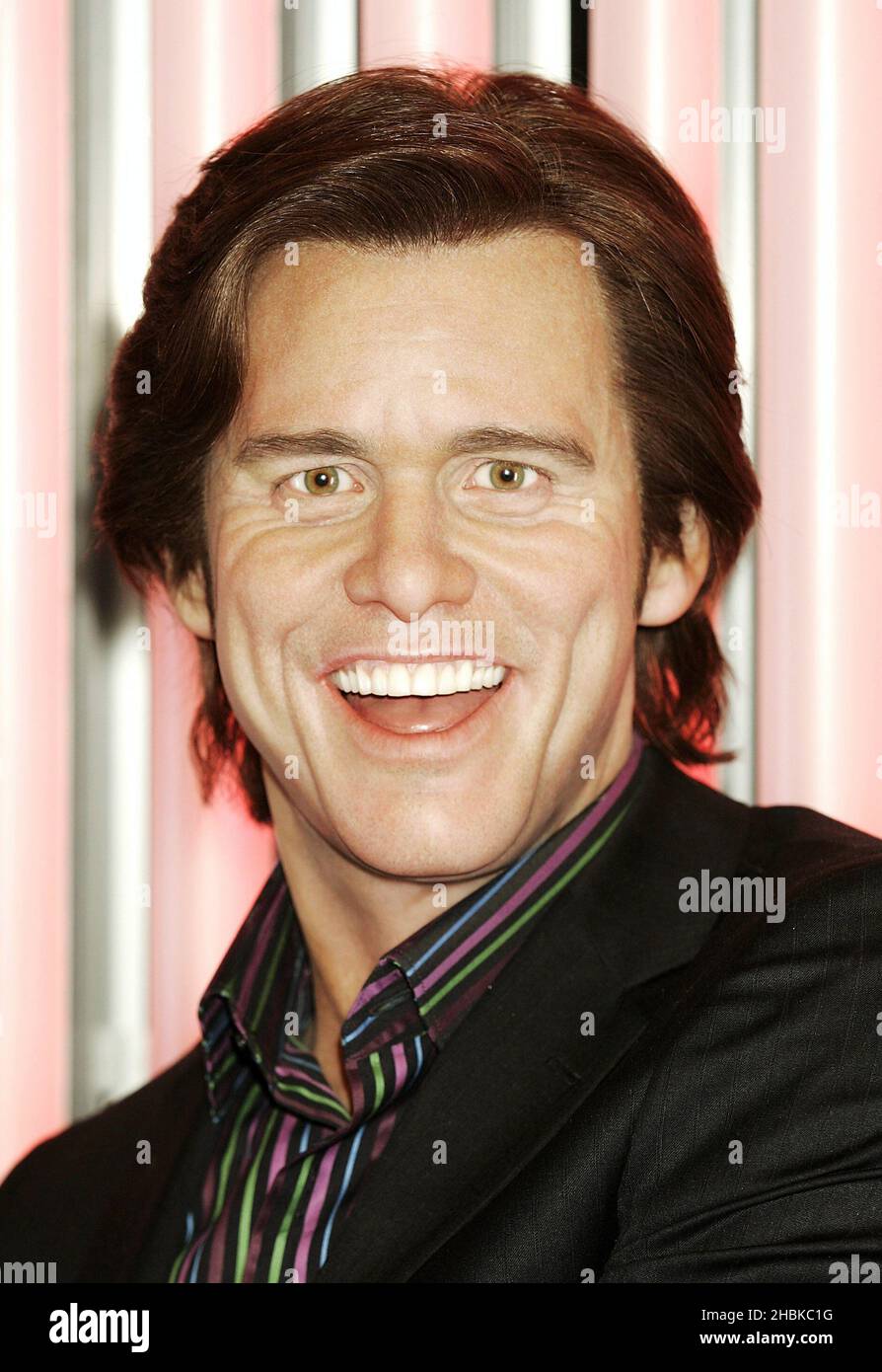Die interaktive Figur von Jim Carrey, komplett mit einem Mikrofon mit Stimmumstellung, wird in „Premiere Nights“ im Madame Tussauds in London vorgestellt. Stockfoto