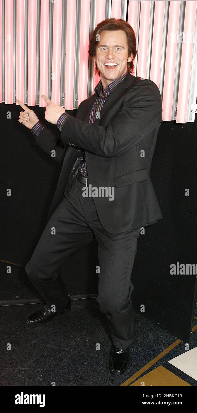 Die interaktive Figur von Jim Carrey, komplett mit einem Mikrofon mit Stimmumstellung, wird in „Premiere Nights“ im Madame Tussauds in London vorgestellt. Stockfoto