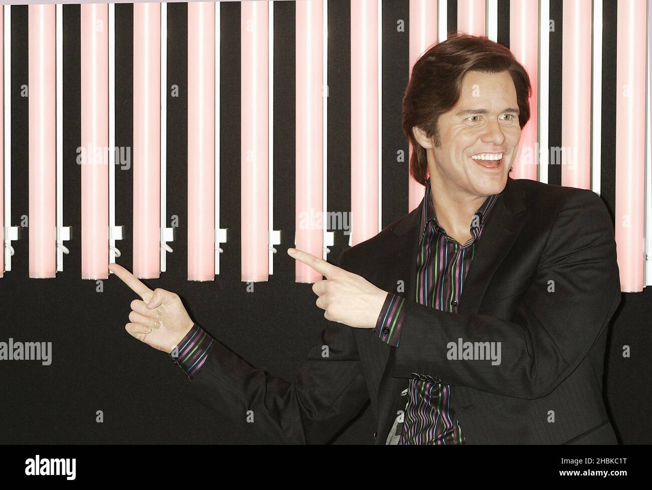 Die interaktive Figur von Jim Carrey, komplett mit einem Mikrofon mit Stimmumstellung, wird in „Premiere Nights“ im Madame Tussauds in London vorgestellt. Stockfoto