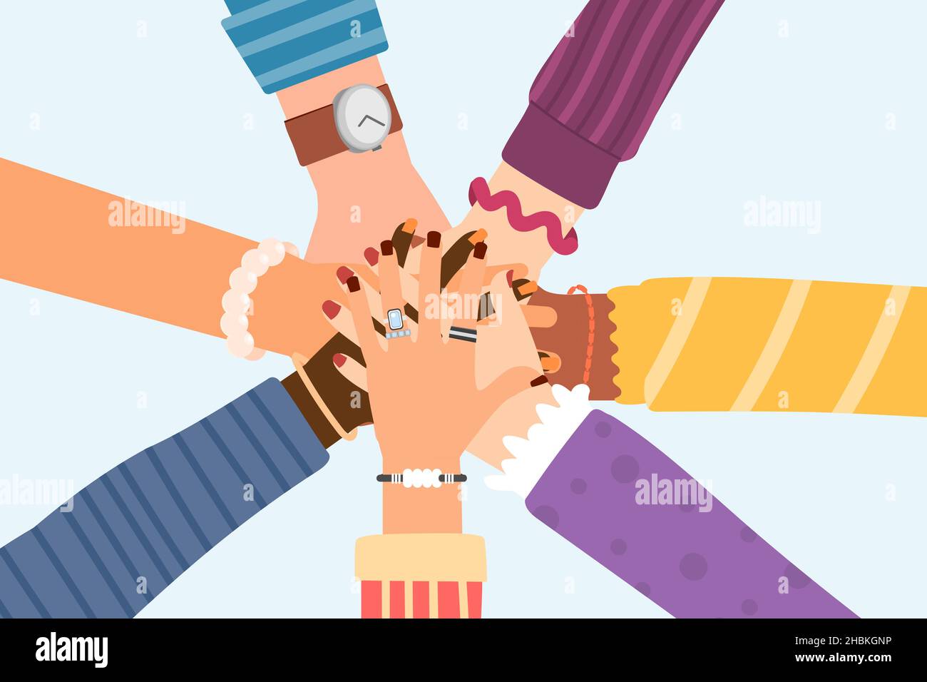 Gibt Freunden die Hand. Teamfreund, Millennials Relationship. Jugendliche Hand Kreis, Spaß Freundschaftstag. Gemeinschaft und Unterstützung, Zusammenarbeit anständig Stock Vektor