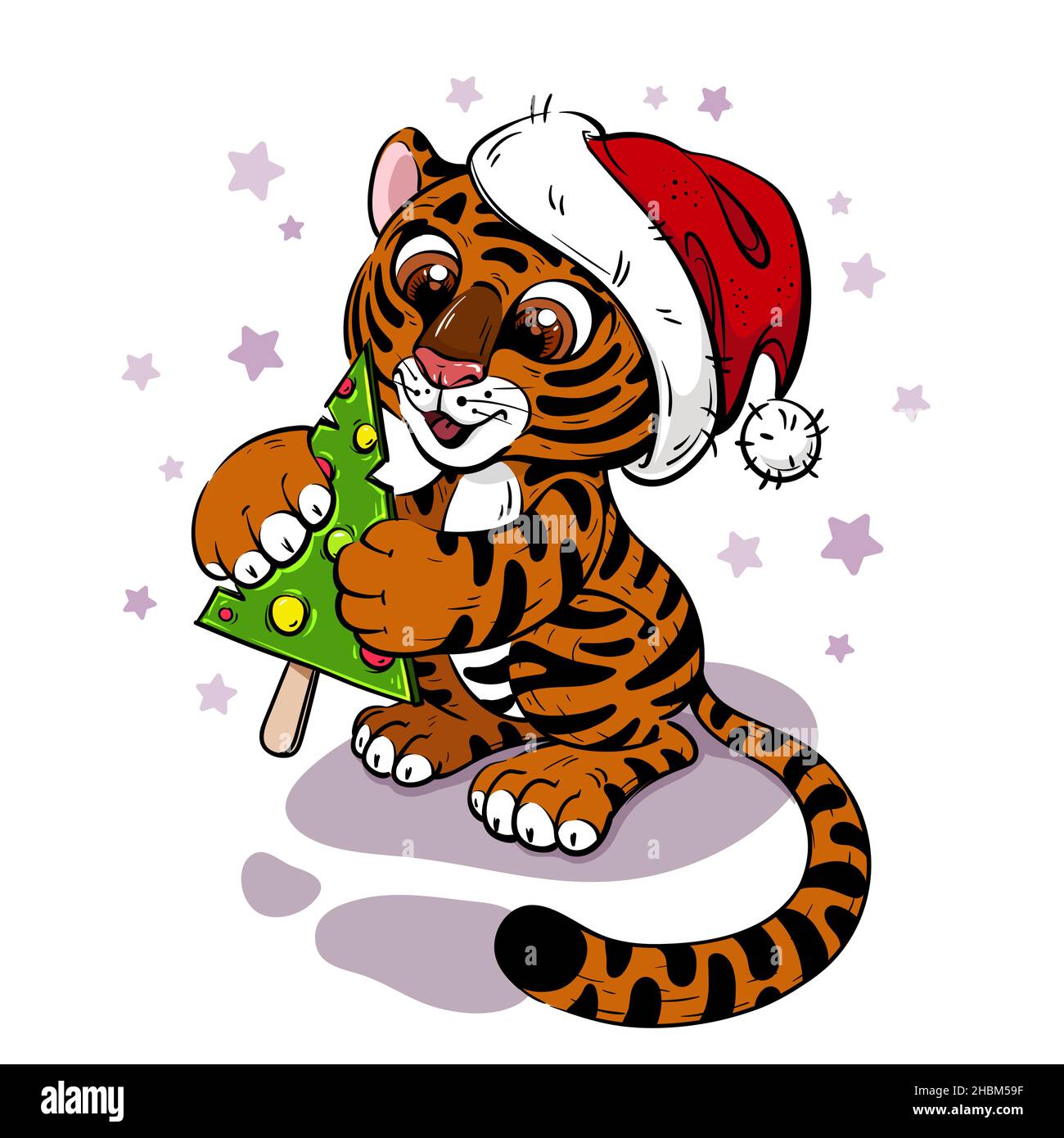 Cartoon Tiger in Weihnachtsmütze mit Weihnachtsbaum Stock Vektor