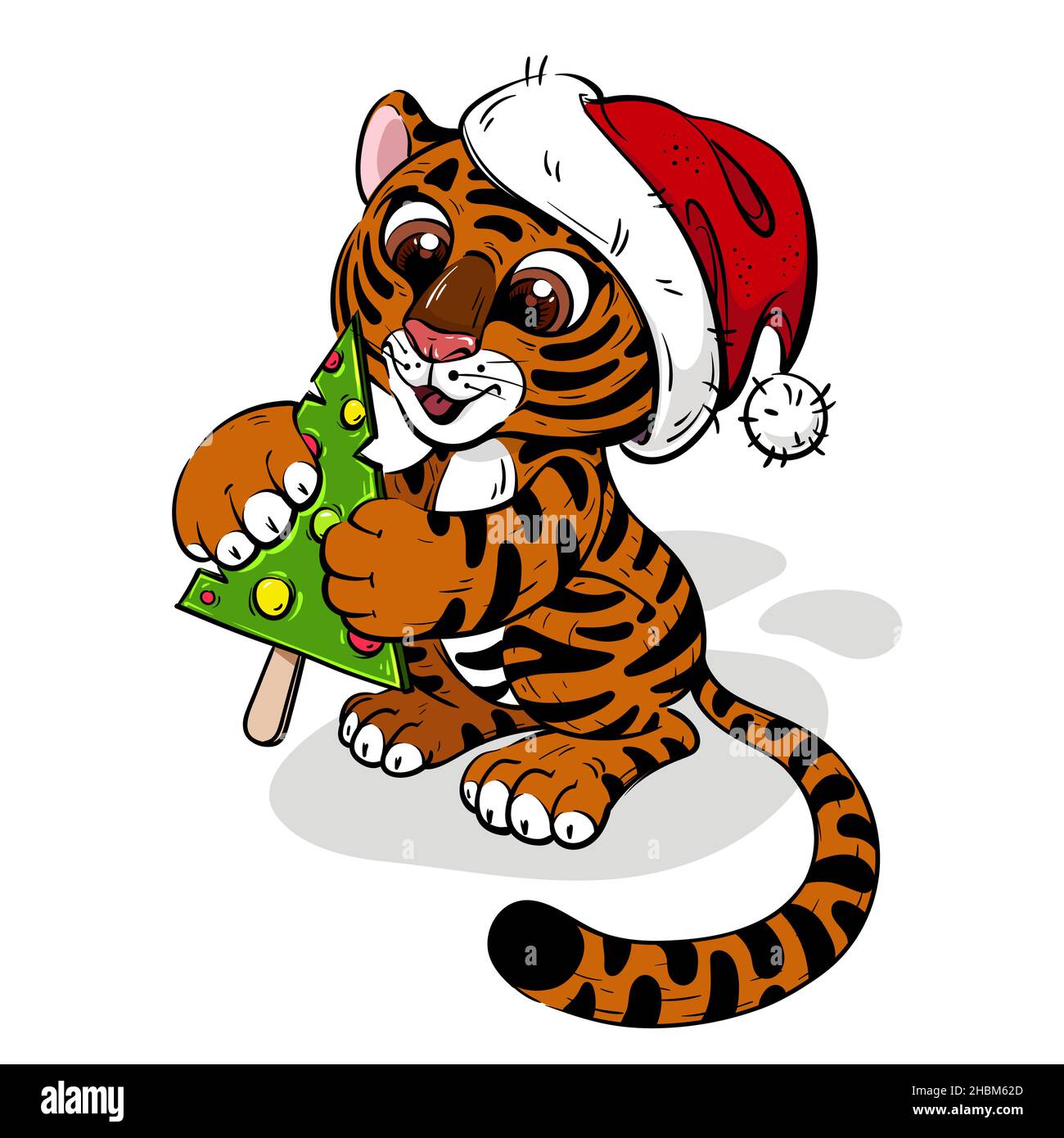 Cartoon Tiger Cub in Weihnachtsmütze mit Weihnachtsbaum Stock Vektor