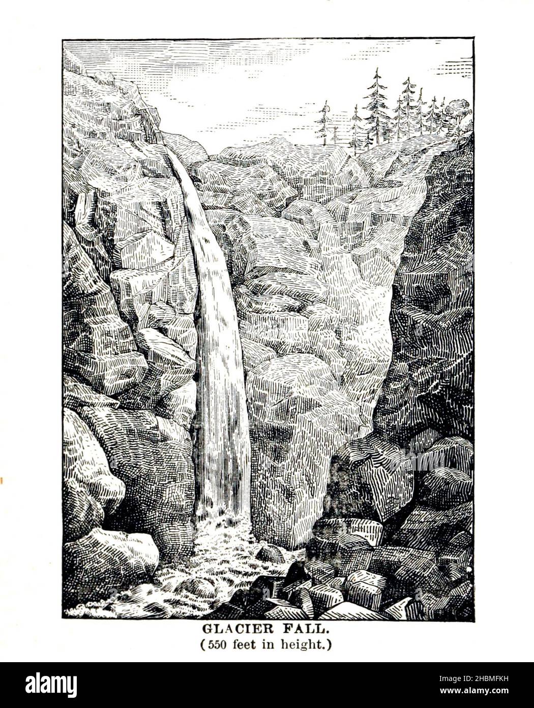 Glacier Fall (550 Fuß in der Höhe) 1880 aus dem Buch "Entdeckung des Yosemite, und der indische Krieg von 1851, die zu diesem Ereignis geführt ' von Lafayette Houghton Bunnell, 1824-1903 Veröffentlicht New York, Chicago, F.H. Revell Company 1892. Lafayette Houghton Bunnell (1824-1903) war Mitglied des Mariposa Bataillons, das 1851 zu den weißen Entdeckern des Yosemite Valley wurde, als sie auf der Suche nach indianischen Stammesführern, die an den jüngsten Razzien auf amerikanische Siedlungen beteiligt waren, ausritten. Dr. Bunnell diente später als Chirurg im Bürgerkrieg. Entdeckung des Yosemite und des Indianerkrieges von 1851 (o Stockfoto
