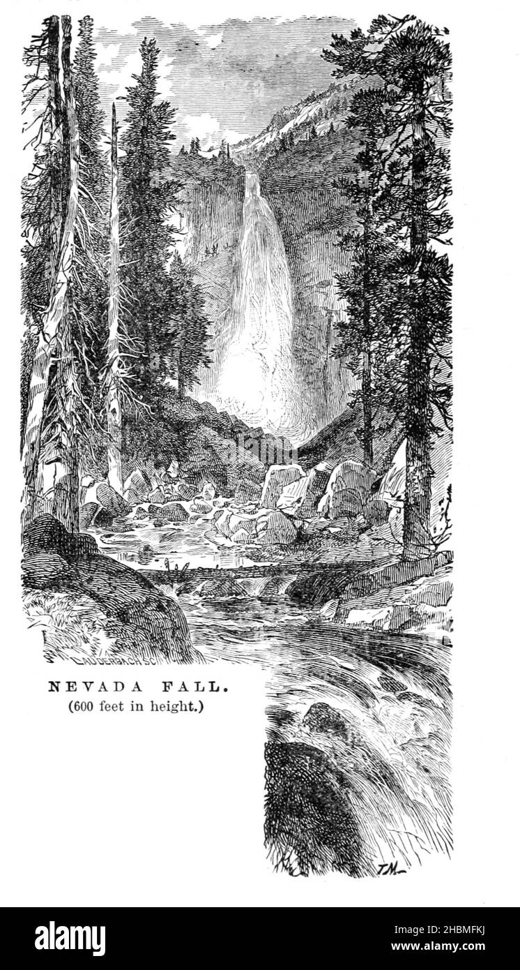 Nevada Fall (600 Fuß in der Höhe) 1880 aus dem Buch "Entdeckung des Yosemite, und der indische Krieg von 1851, die zu diesem Ereignis geführt ' von Lafayette Houghton Bunnell, 1824-1903 Veröffentlicht New York, Chicago, F.H. Revell Company 1892. Lafayette Houghton Bunnell (1824-1903) war Mitglied des Mariposa Bataillons, das 1851 zu den weißen Entdeckern des Yosemite Valley wurde, als sie auf der Suche nach indianischen Stammesführern, die an den jüngsten Razzien auf amerikanische Siedlungen beteiligt waren, ausritten. Dr. Bunnell diente später als Chirurg im Bürgerkrieg. Entdeckung des Yosemite und des Indianerkrieges von 1851 (oder Stockfoto