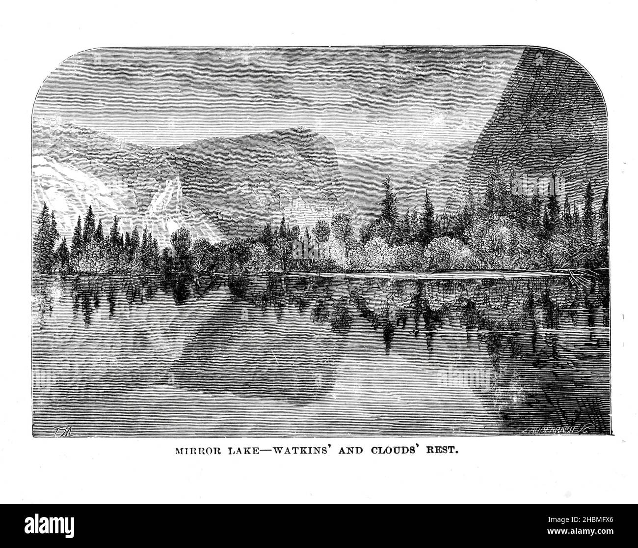 Mirror Lake - Watkins and Clouds Rest 1880 aus dem Buch "Entdeckung des Yosemite, und der indische Krieg von 1851, die zu diesem Ereignis führte" von Lafayette Houghton Bunnell, 1824-1903 Veröffentlicht New York, Chicago, F.H. Revell Company 1892. Lafayette Houghton Bunnell (1824-1903) war Mitglied des Mariposa Bataillons, das 1851 zu den weißen Entdeckern des Yosemite Valley wurde, als sie auf der Suche nach indianischen Stammesführern, die an den jüngsten Razzien auf amerikanische Siedlungen beteiligt waren, ausritten. Dr. Bunnell diente später als Chirurg im Bürgerkrieg. Entdeckung des Yosemite und des Indianenkrieges von 185 Stockfoto