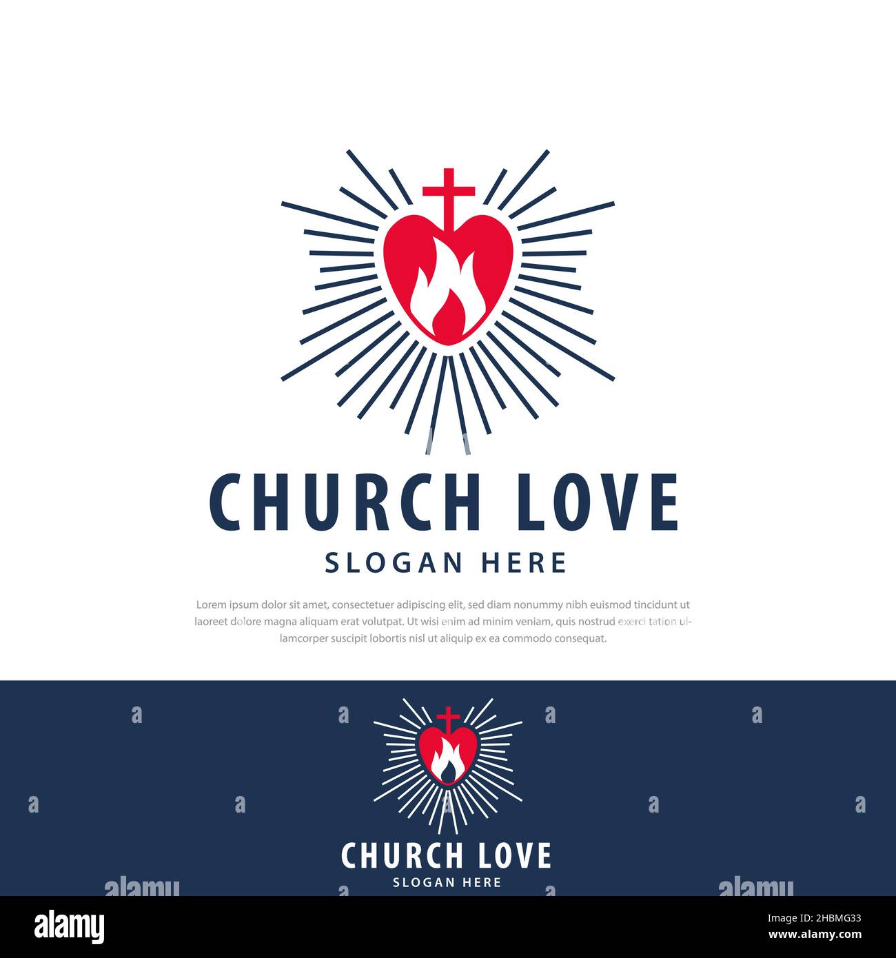 Kreuz Kirche Liebe Herz Strahl Logo-Design, abstrakte religiöse heilige Feuer, Liebe Herz Logo, christliche Kirchen und Organisationen Stock Vektor