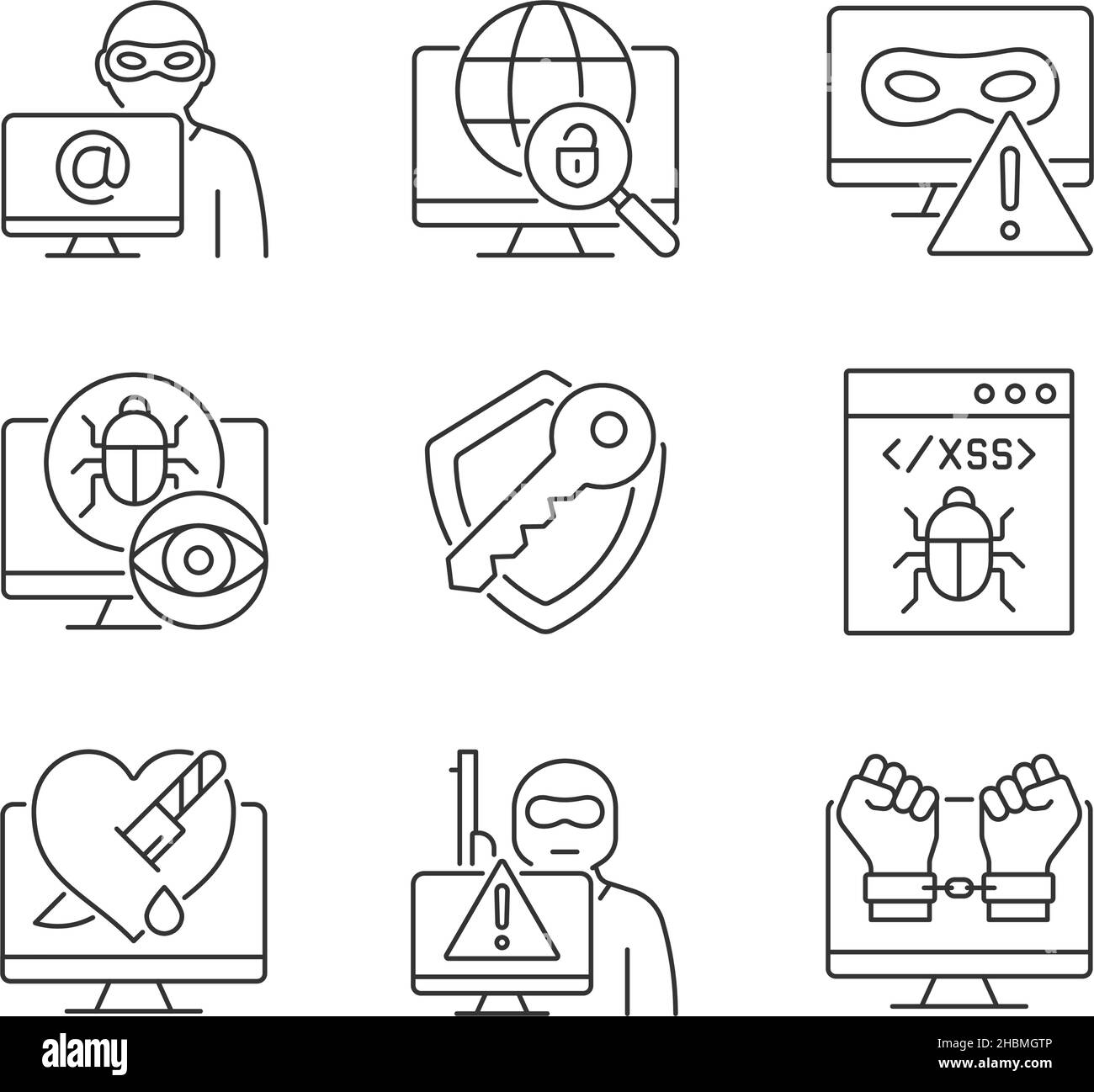 Cyber-Angriffe Typen lineare Symbole gesetzt Stock Vektor