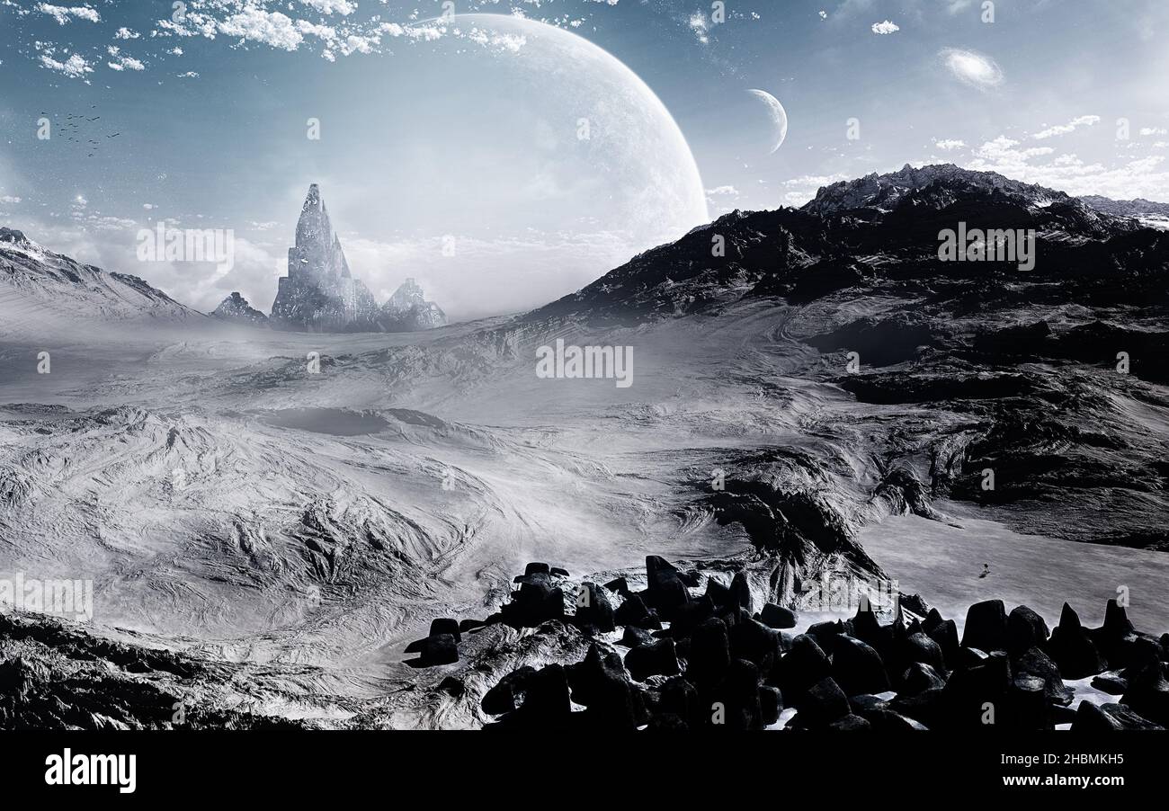 Eine digitale Illustration einer epischen märchenhaften Fantasy-Landschaft, die im kalten Winter mit Schnee bedeckt ist Stockfoto