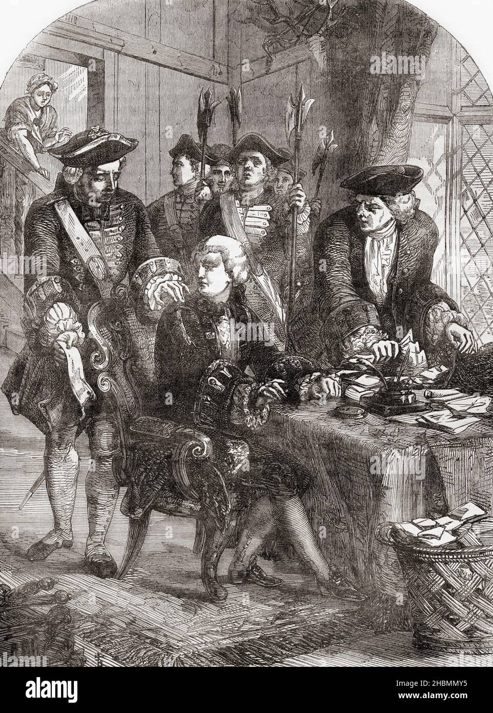 Die Verhaftung von Sir William Wyndham, 1715. Sir William Wyndham, 3rd Baronet, c.1688 – 1740 von Orchard Wyndham in Somerset. Der englische Tory-Politiker und Anführer der Jakobiten war an einem Plan beteiligt, England zu erobern und den alten Prätendenten während der Restauration der Jakobiten nach dem Tod von Königin Anne auf den Thron zu setzen. Aus Cassells Illustrated History of England, veröffentlicht um 1890. Stockfoto