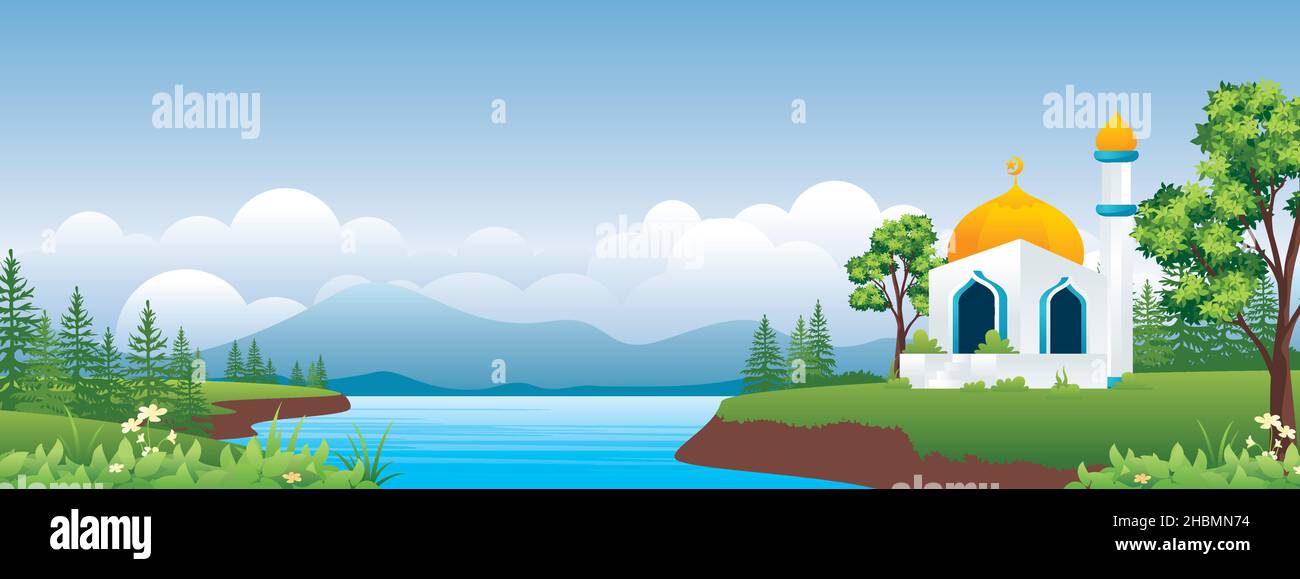 Islamische Panoramic Landscape Illustration, Ramadan Mubarak Naturbanner, Moschee mit schöner ländlicher Landschaft. Stock Vektor