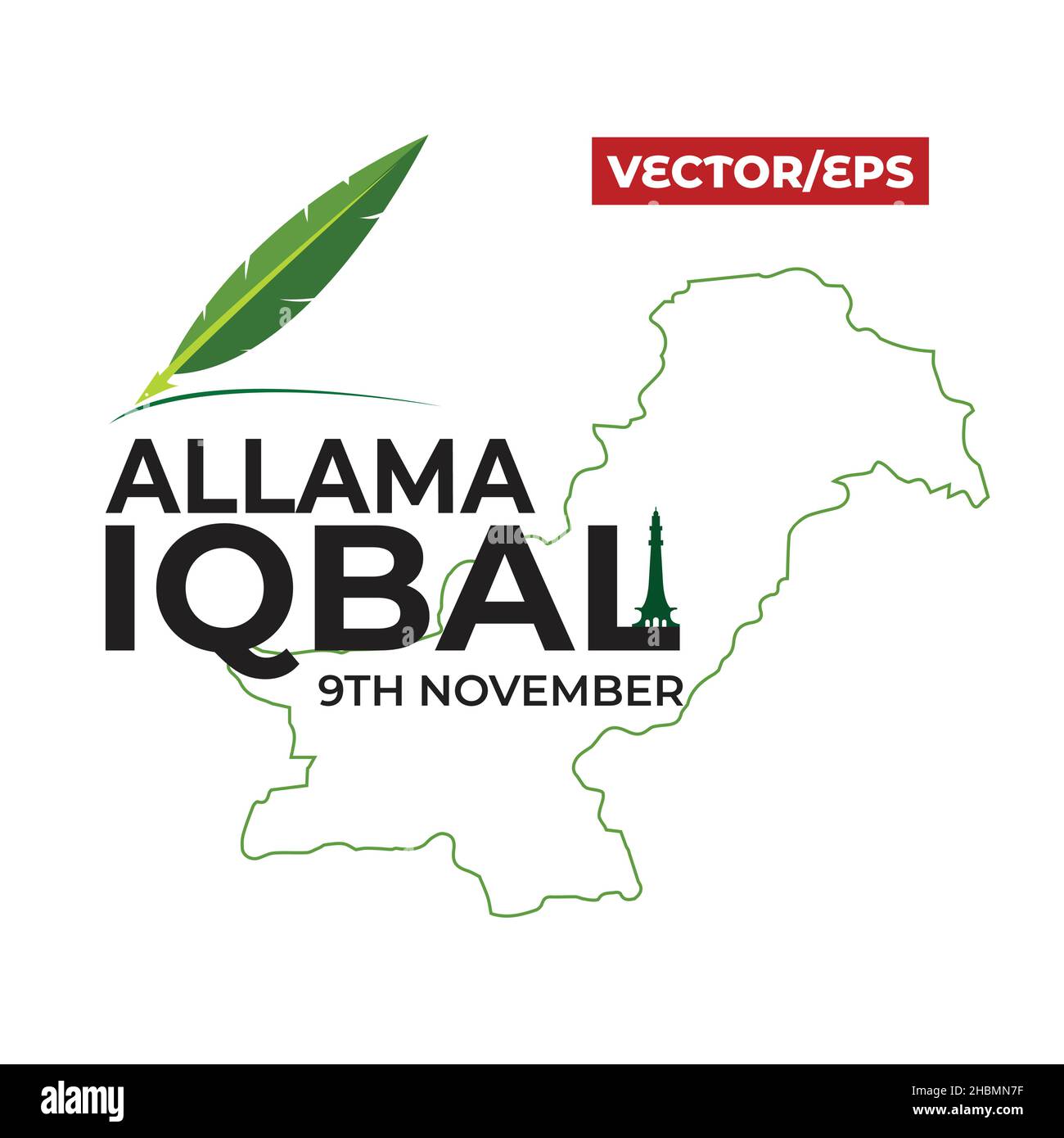 Happy Iqbal Day, 9th. November. Allama Muhammad Iqbal Logo-Design in englischer Typografie mit Pakistan-Karte Stock Vektor