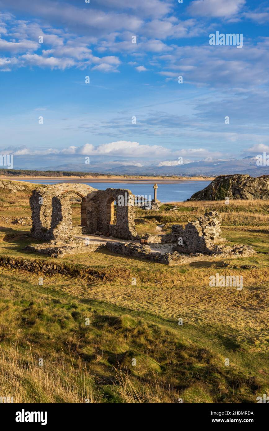 Das keltische Kreuz und die Ruinen der St. Dwynwen-Kirche auf der Insel Llanddwyn, Isle of Anglesey, Nordwales Stockfoto