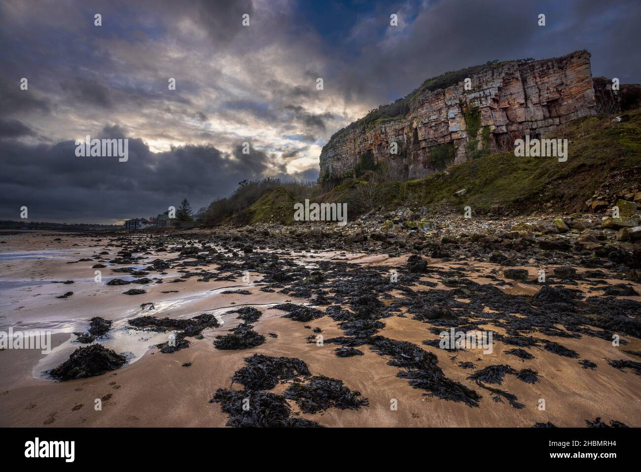 Ein Blick auf den Castell Mawr Rock am Nachmittag im Winter auf Red Wharf Bay bei Ebbe im Winter, Anglesey, Nordwales Stockfoto