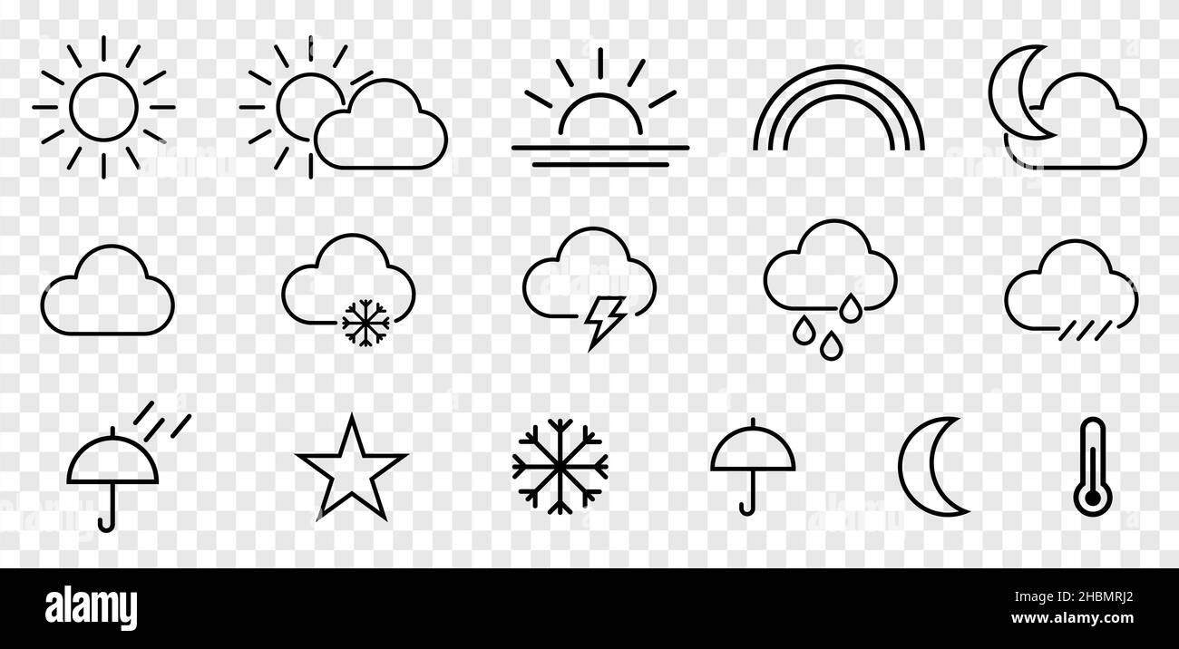 Wettersymbole eingestellt. Linienkunst. Wetter, Wolken, sonniger Tag, Mond, Schneeflocken. Vektordarstellung auf transparentem Hintergrund isoliert Stock Vektor