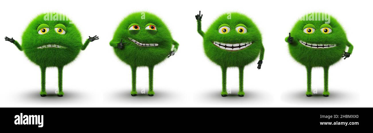 Verschiedene Monster, vom Problem bis zur Ausführung verschiedene grüne pelzige Monster mit verschiedenen Ausdrücken, Problem, Idee, Lösung und Ausführung, Isolat Stockfoto