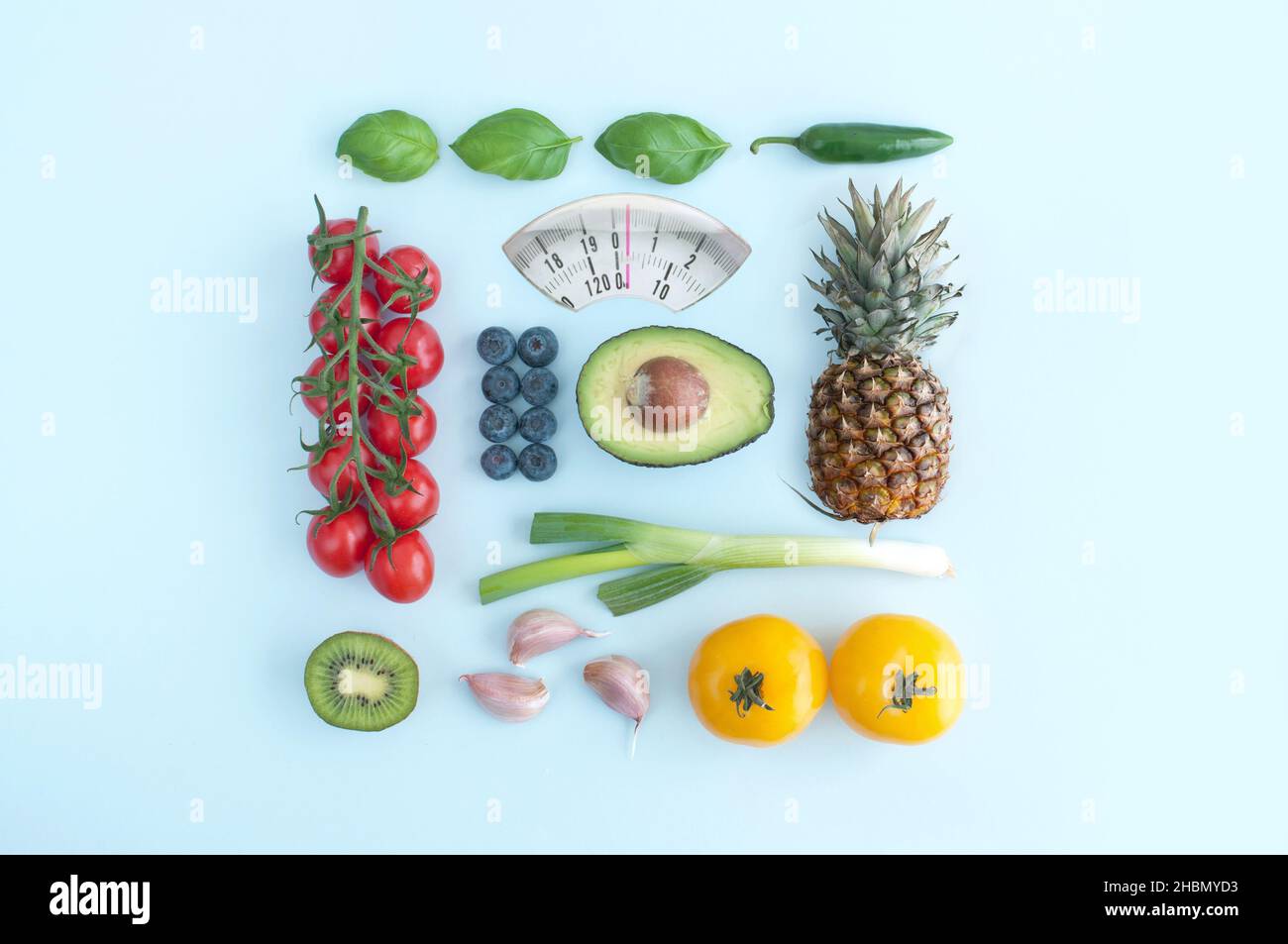Design der Küchenwaagen aus Obst und Gemüse Stockfoto